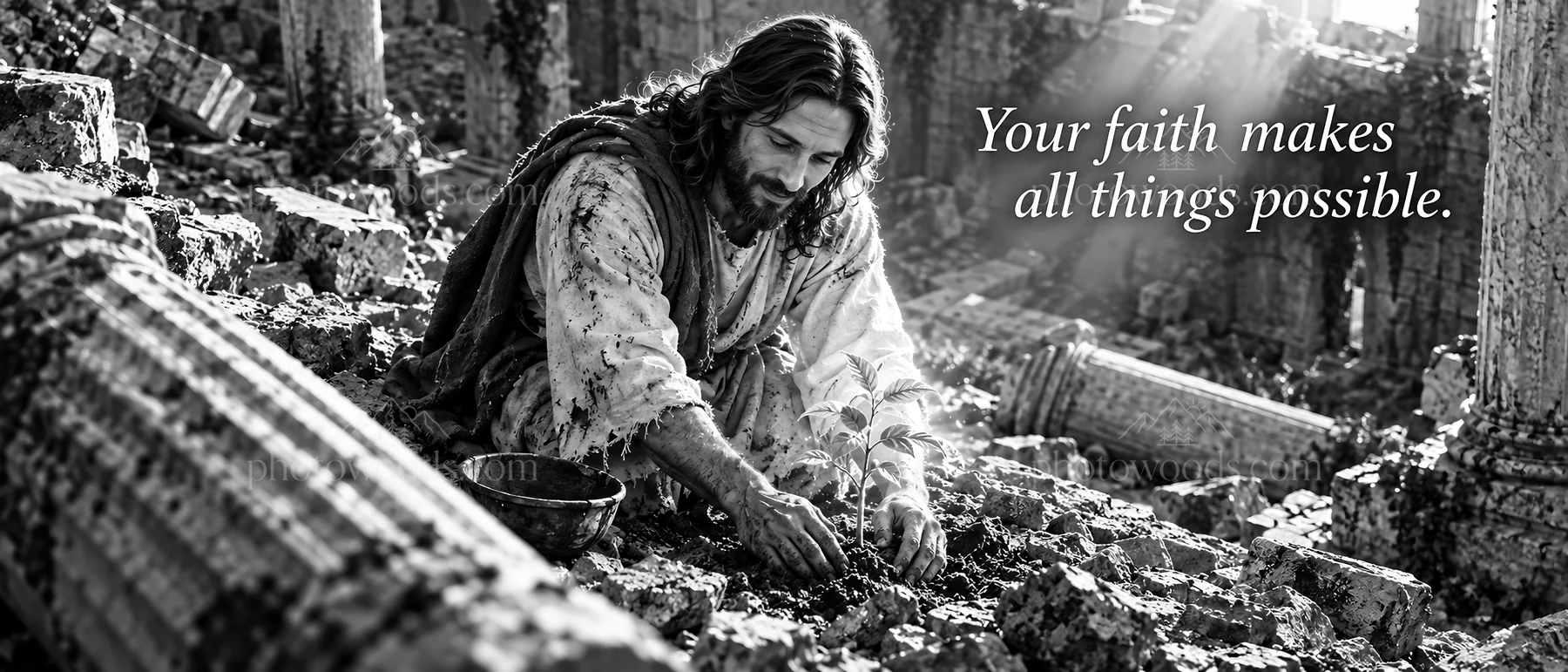 Jesus Christ planting a seed in a damaged landscape - AI-generated stock image