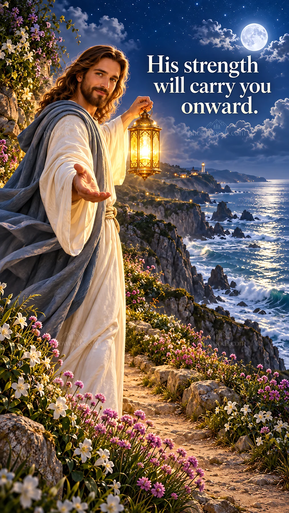 Jesus Christ guiding with a lantern along the rocky shore - AI-generated stock image