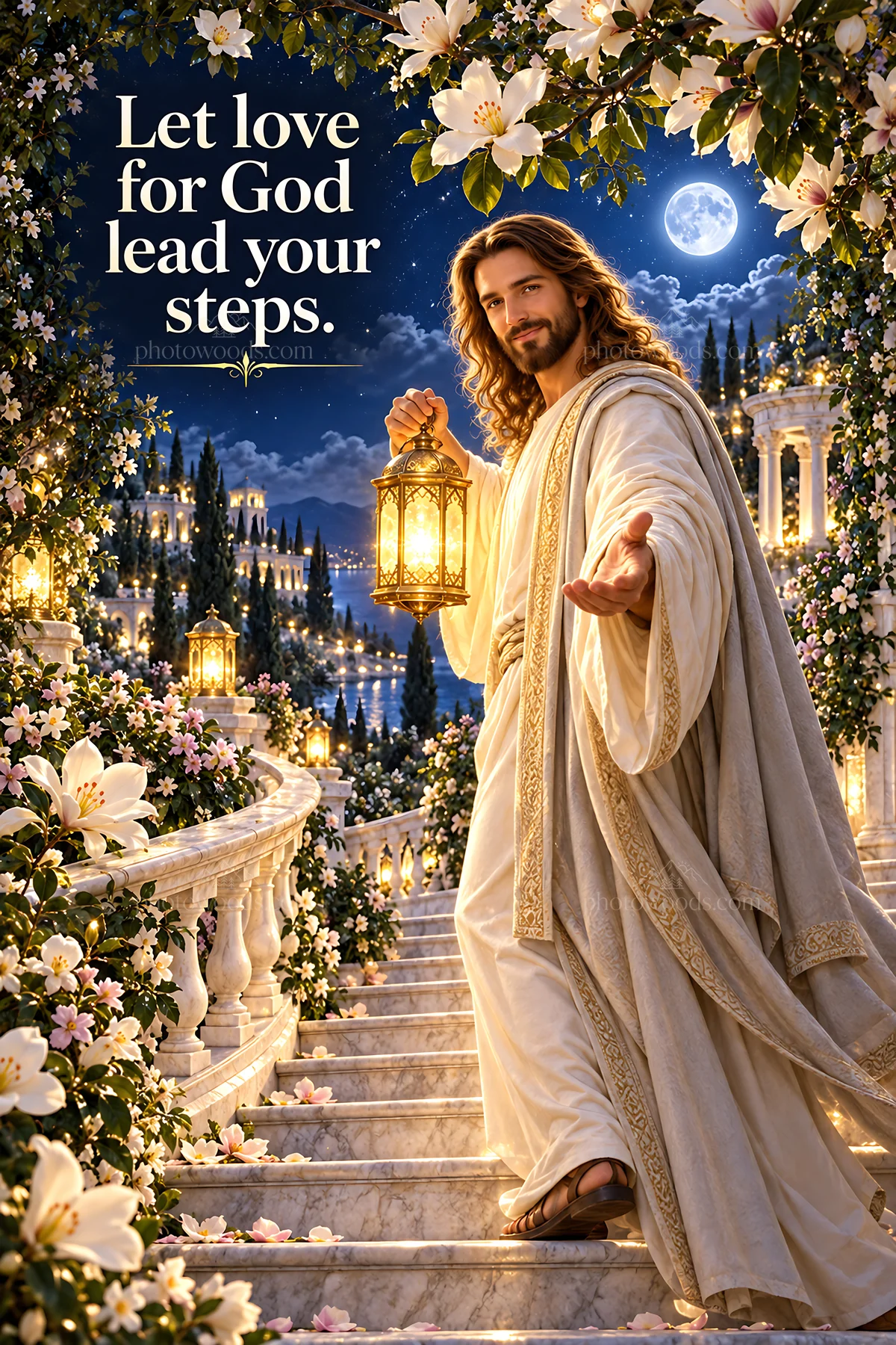 Jesus Christ welcoming with a lantern in a garden path - AI-generated stock image