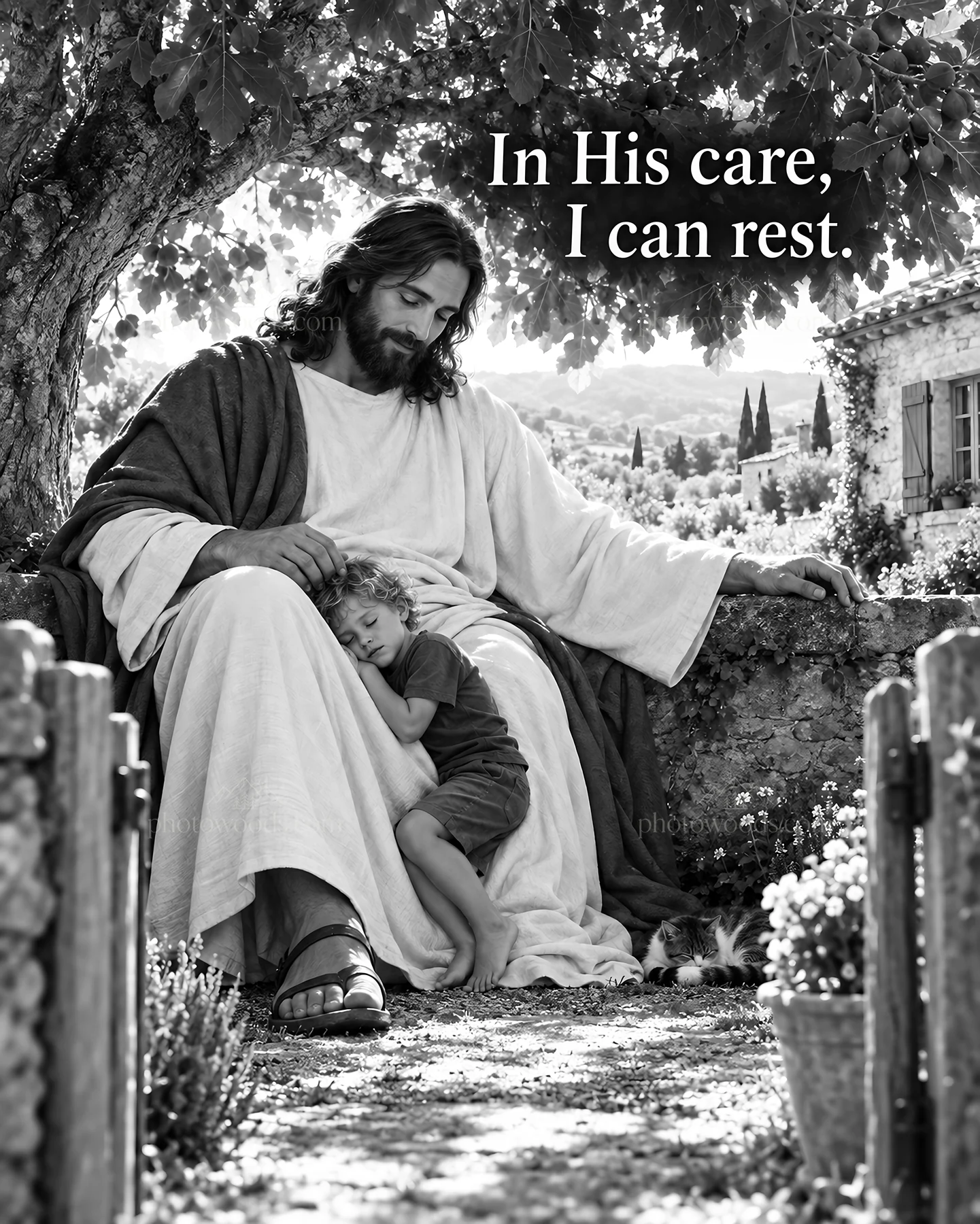 Jesus Christ comforting a child under a tree - AI-generated stock image
