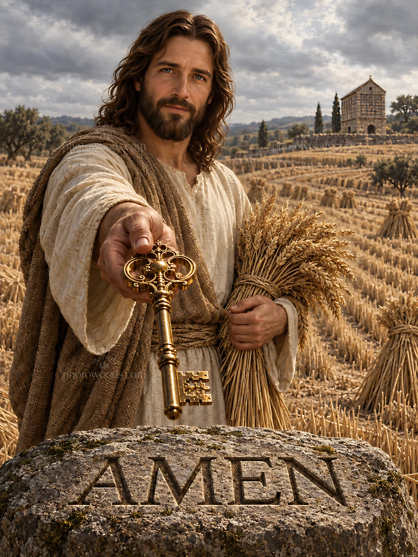 Harvest field with a figure holding a key and wheat stalks - AI-generated stock image