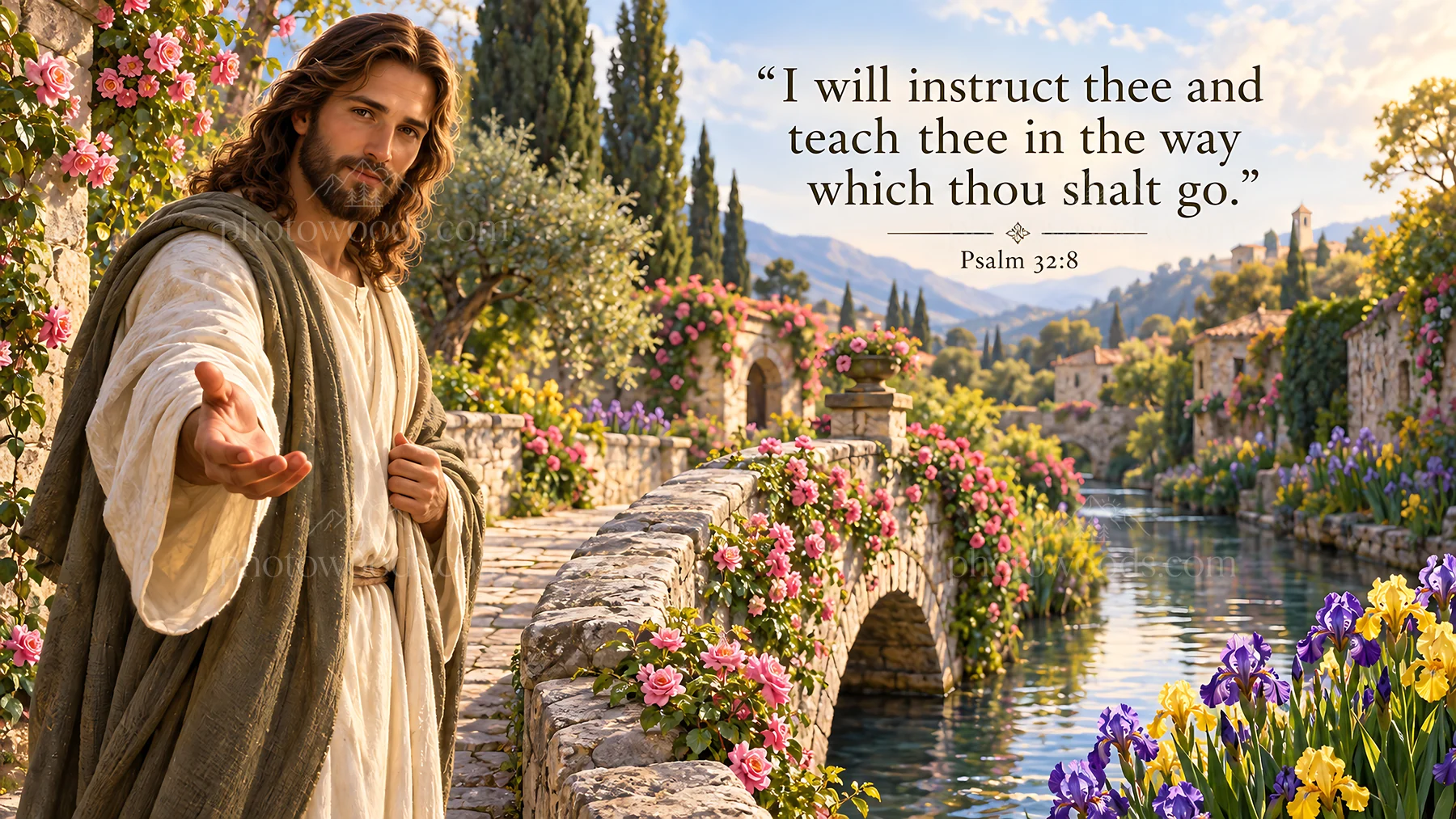 Jesus Christ teaching by the river with flowers in the background - AI-generated stock image