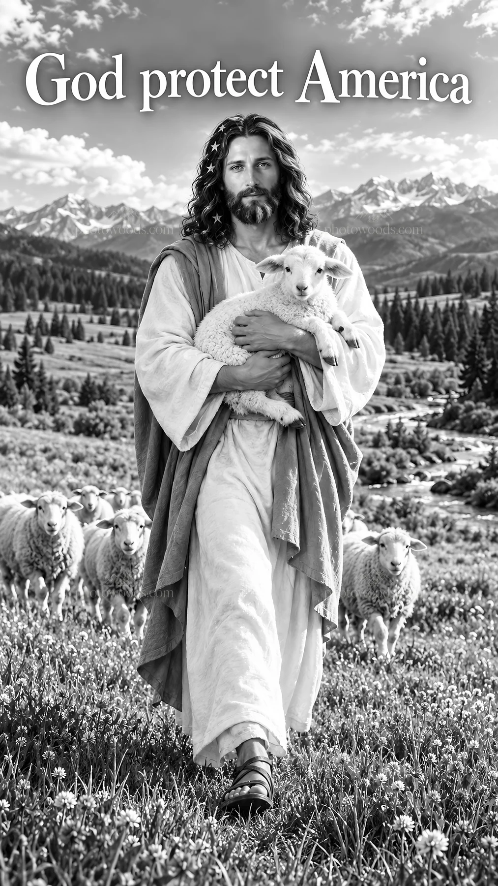 Jesus Christ with sheep in a mountain landscape - AI-generated stock image