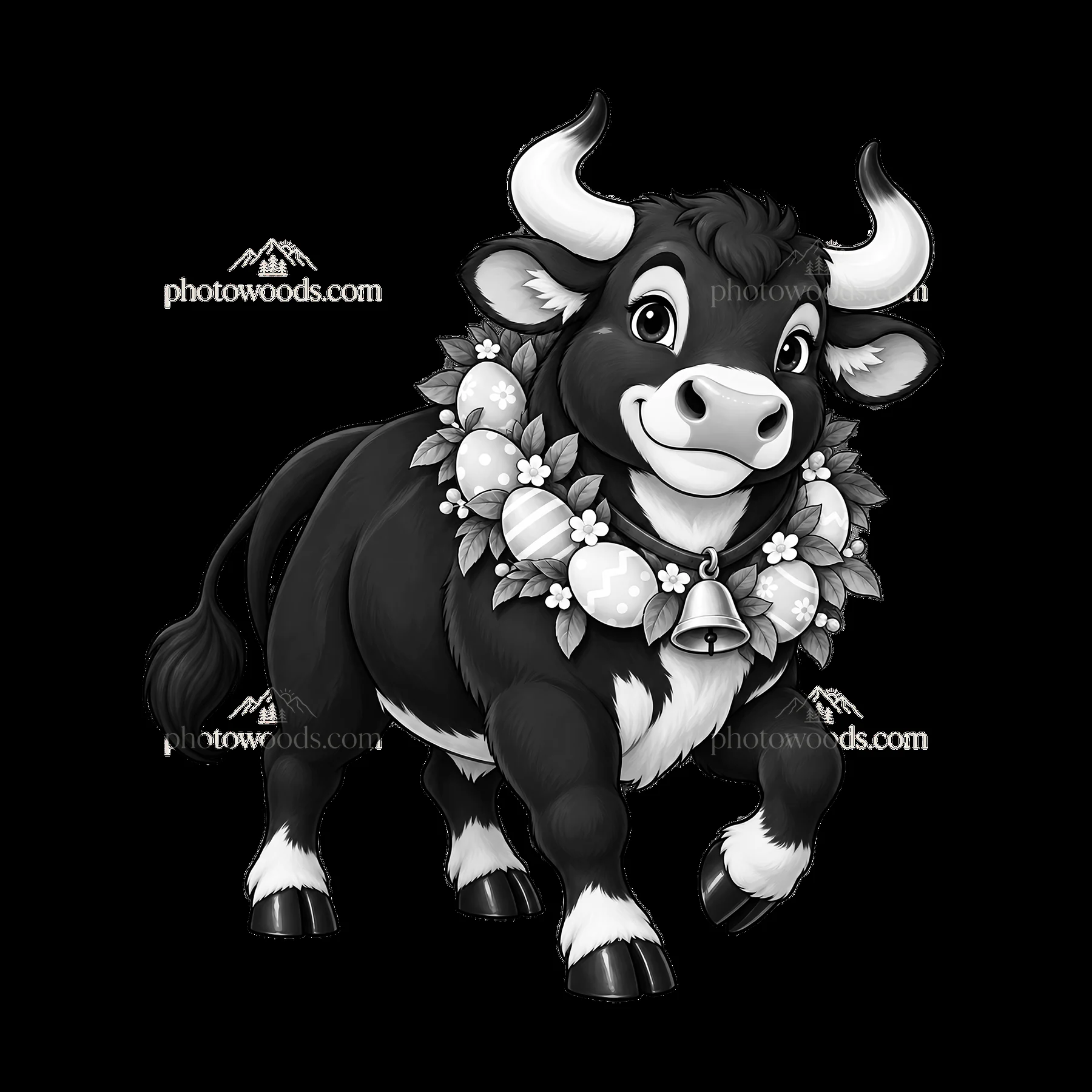 Easter ox with floral garland and bell in black and white art - AI-generated stock image
