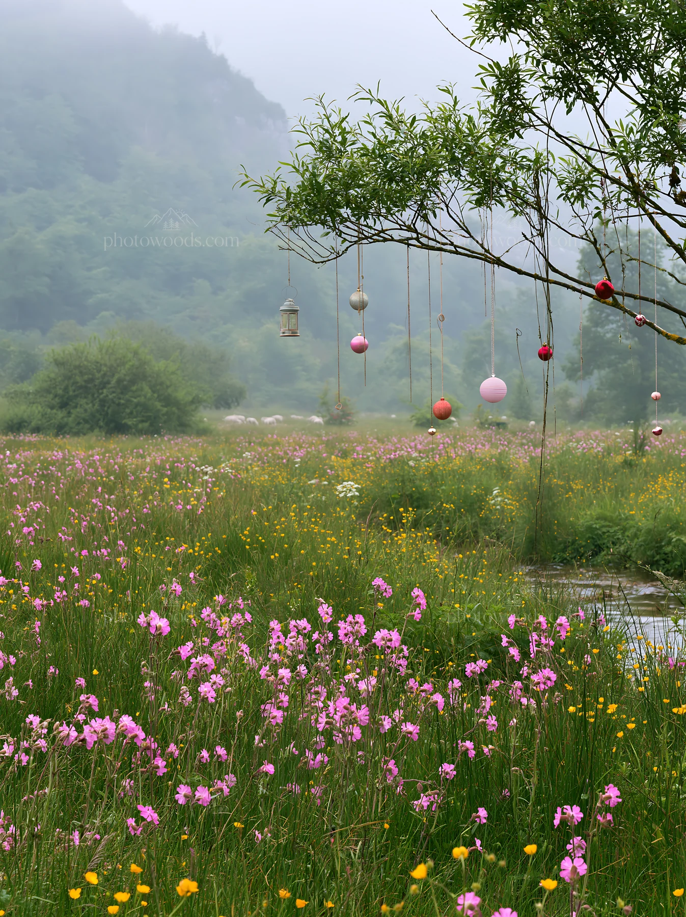 Christmas ornaments above stream in meadow - AI-generated stock image