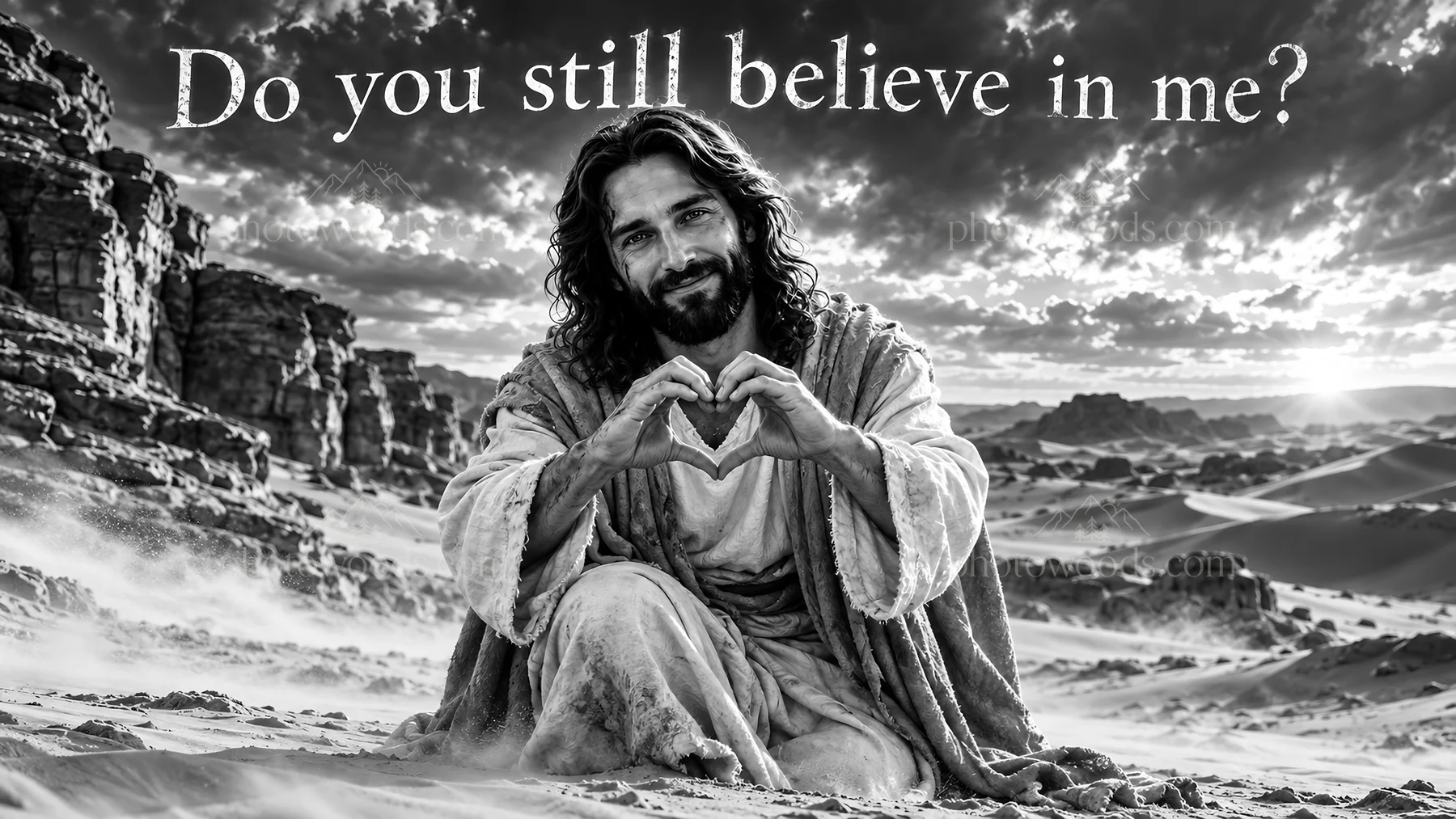Jesus Christ sitting in the desert asking if you believe in him - AI-generated stock image
