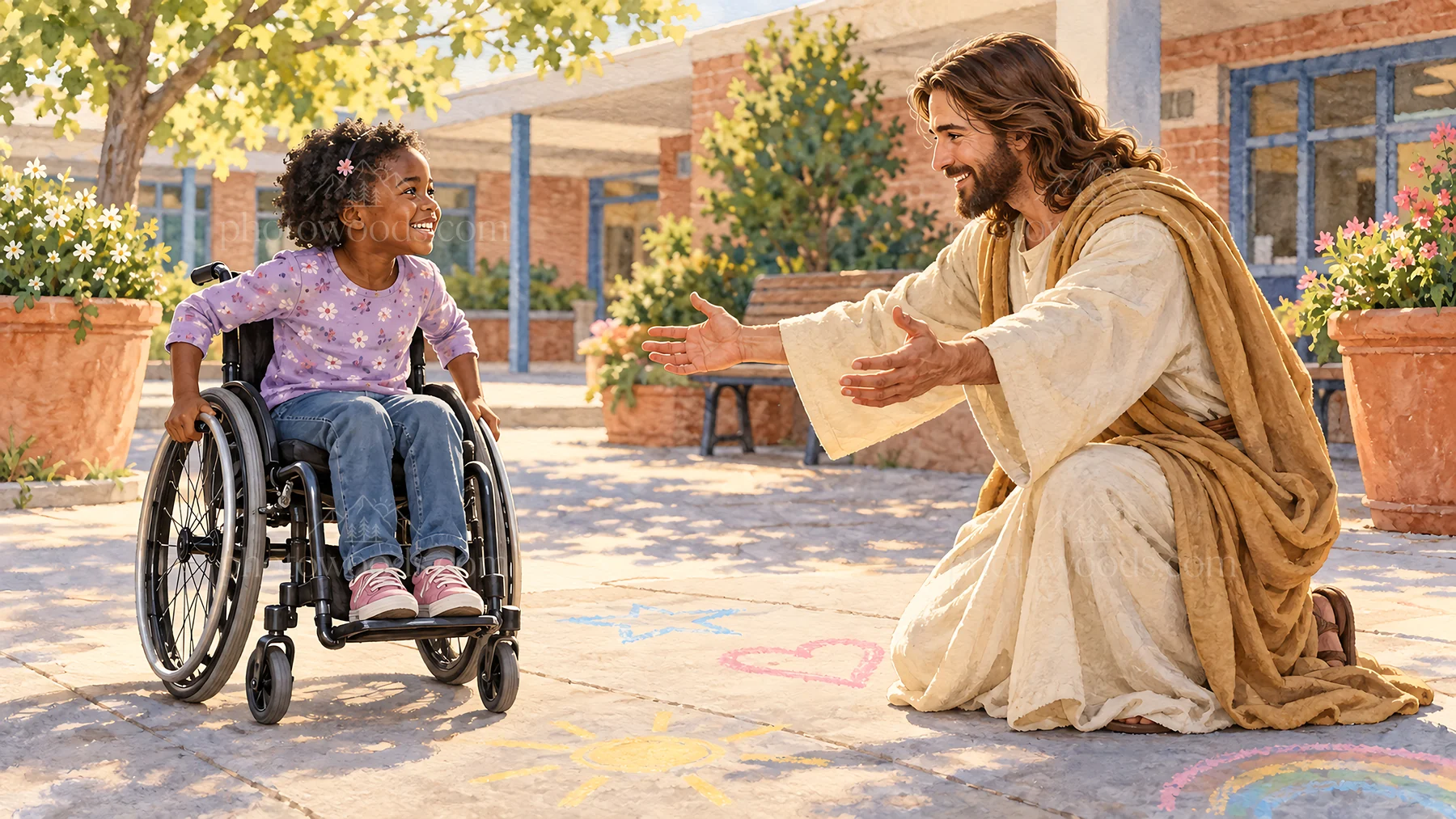 Jesus Christ welcomes a child in a wheelchair with joy - AI-generated stock image