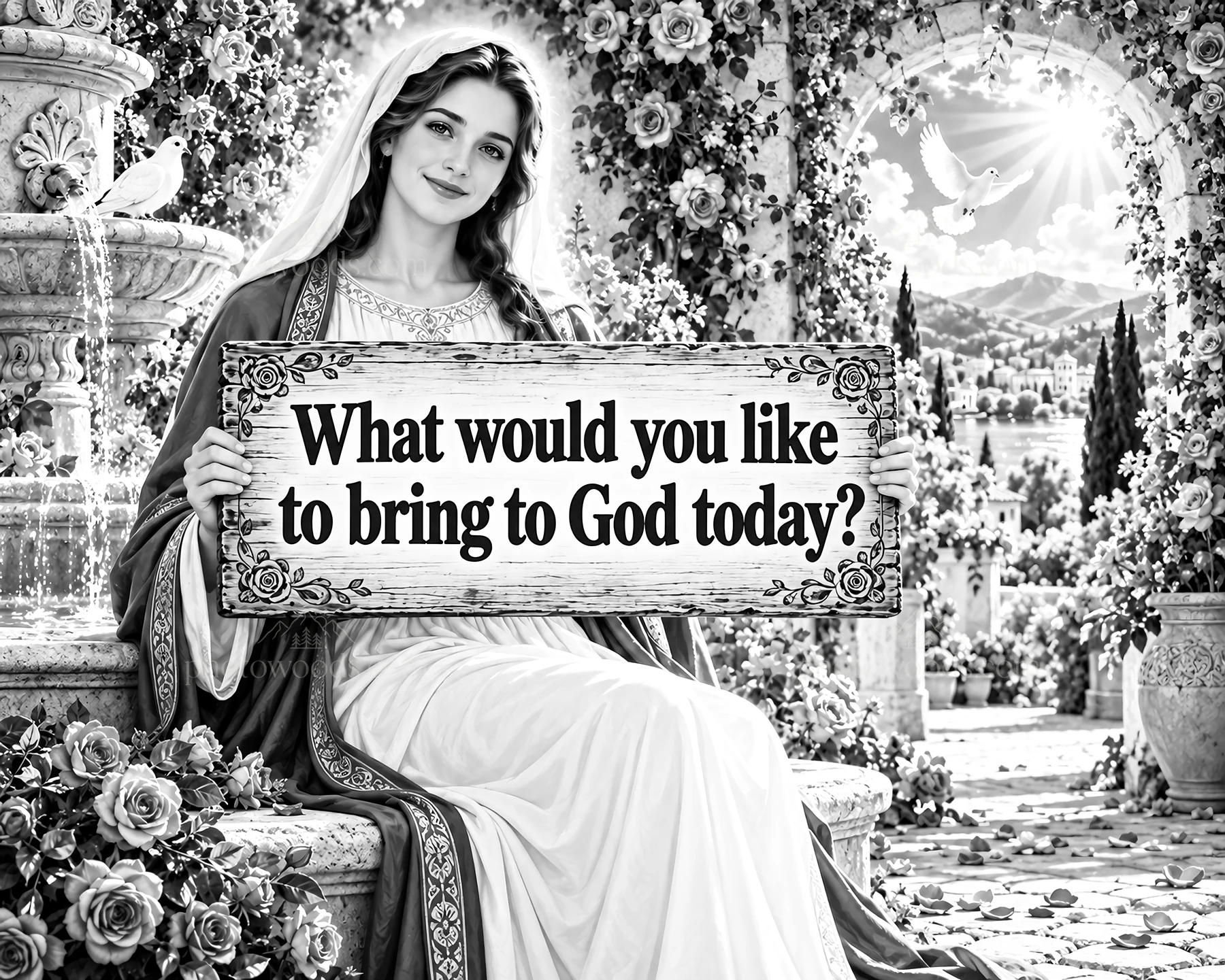 Jesus Christ inviting prayer and reflection in a garden setting - AI-generated stock image