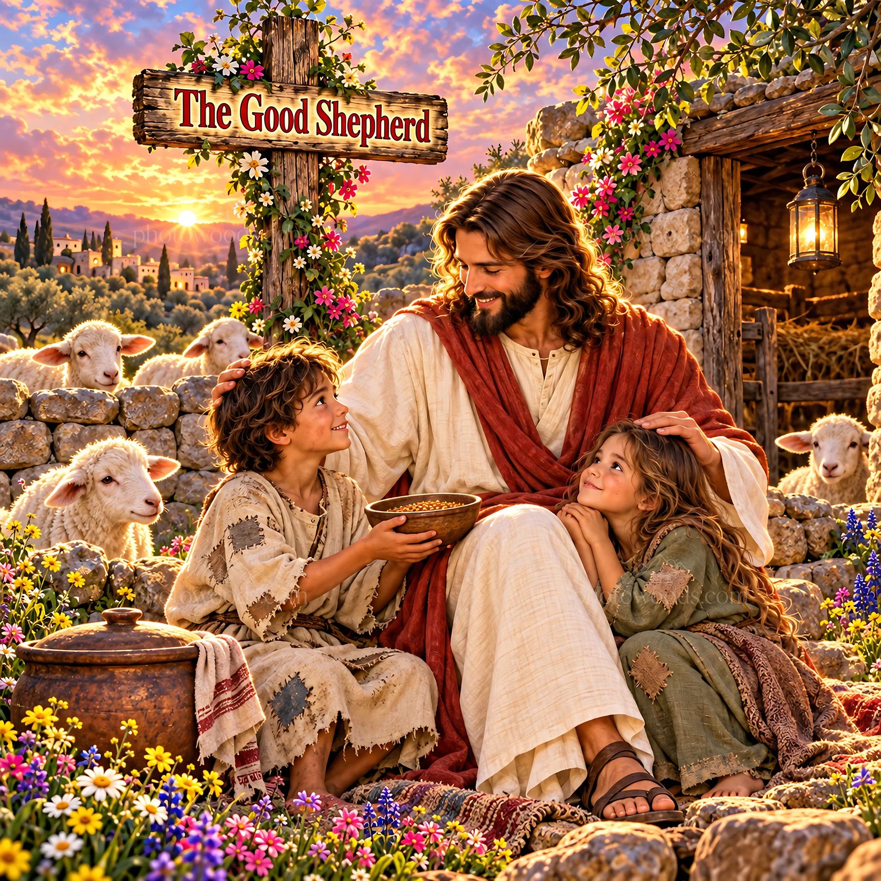 Jesus Christ sharing a meal with children in a pastoral setting - AI-generated stock image