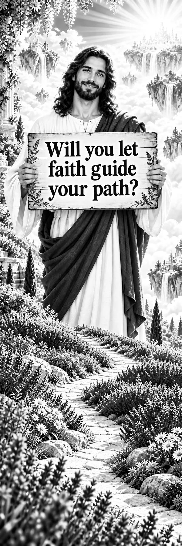 Jesus Christ holds a sign asking if faith will guide your path - AI-generated stock image