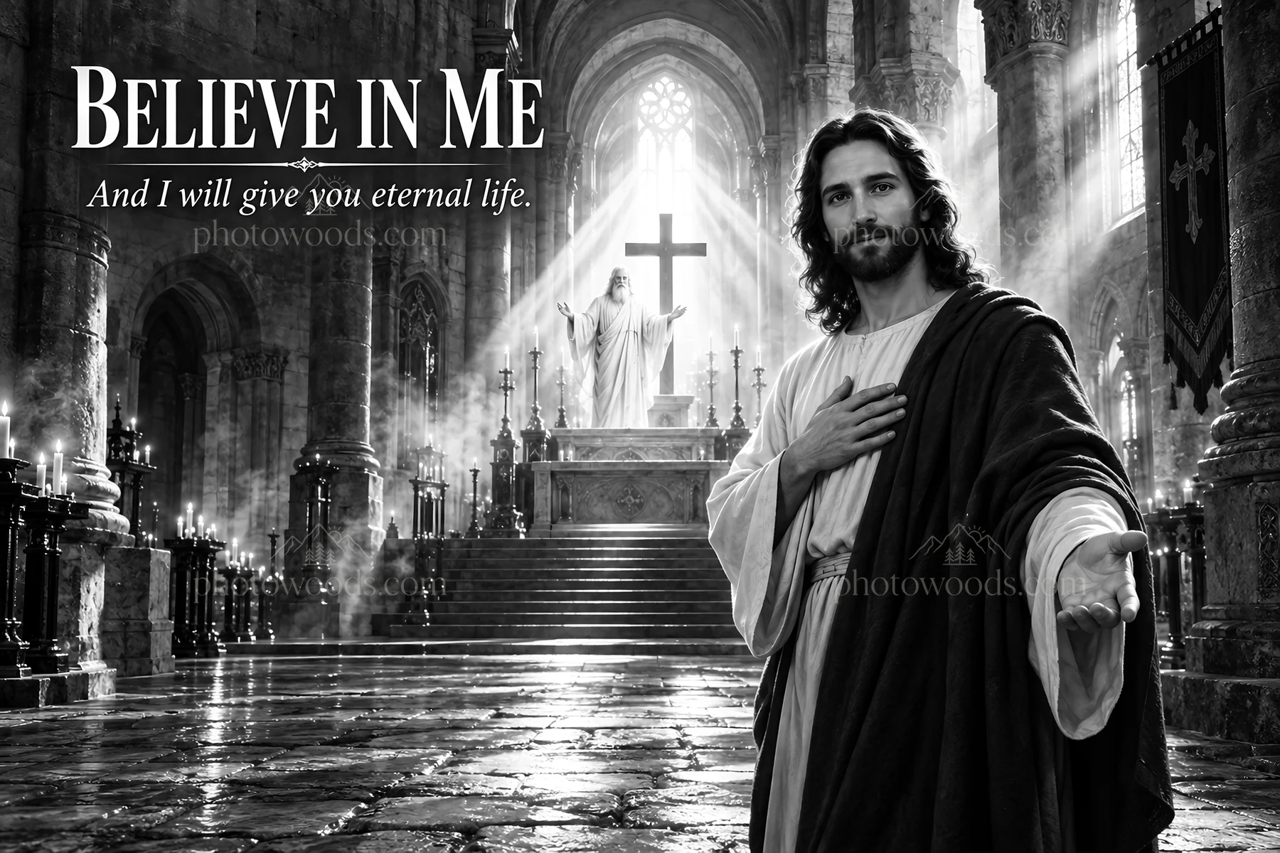 Jesus Christ inviting believers for eternal life - AI-generated stock image