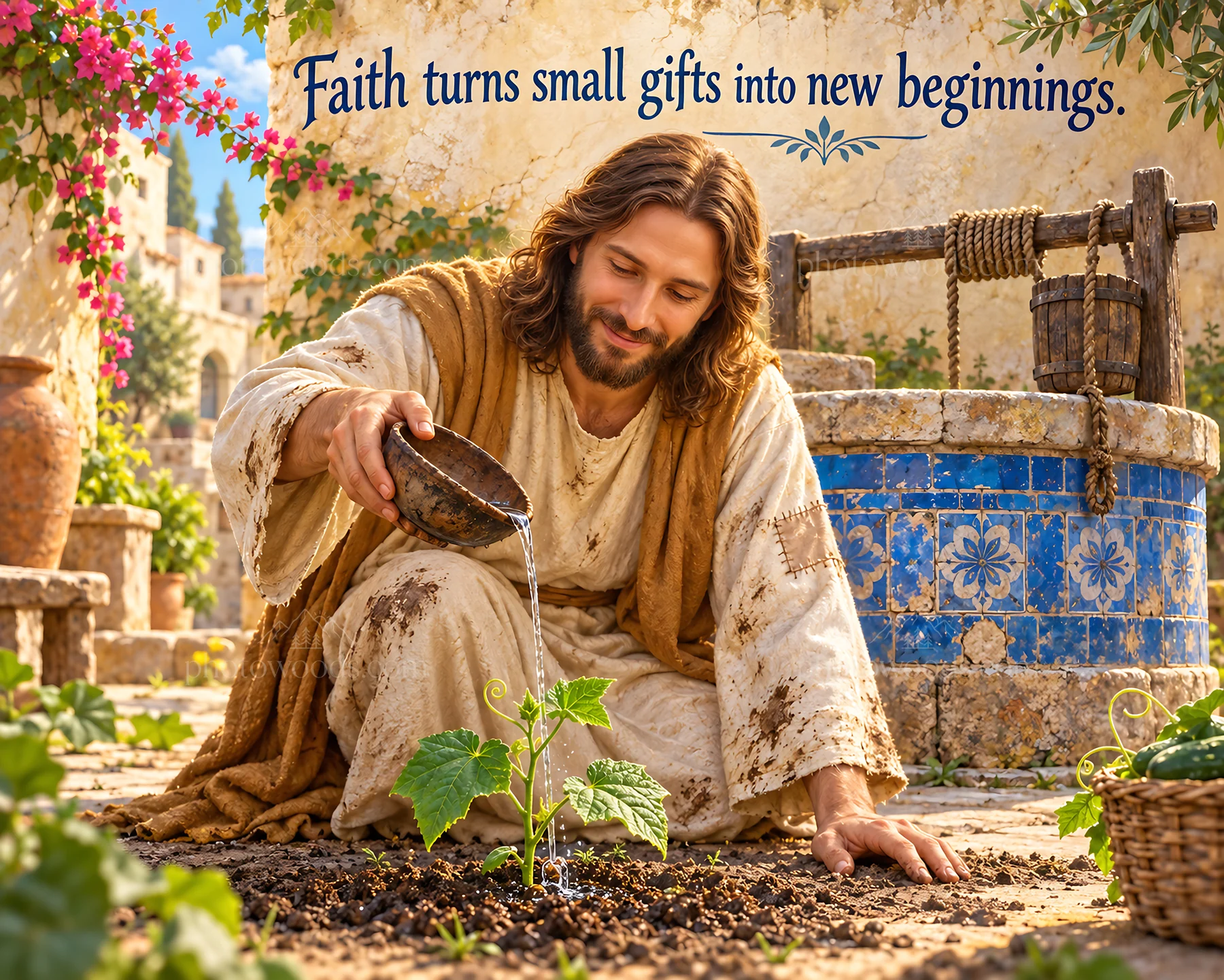 Jesus Christ watering a plant for new beginnings - AI-generated stock image