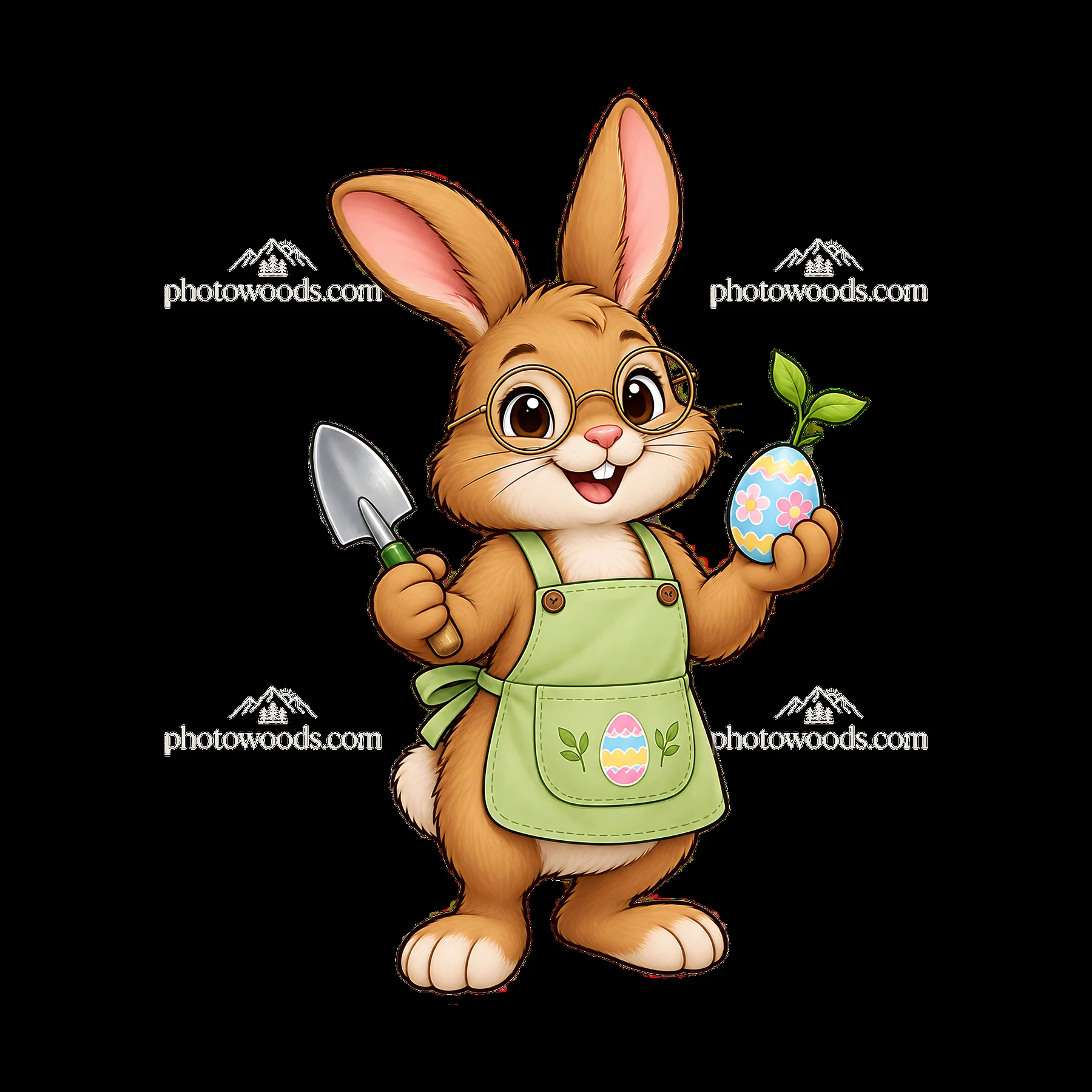 Easter Bunny with a shovel and decorated egg holding a plant - AI-generated stock image