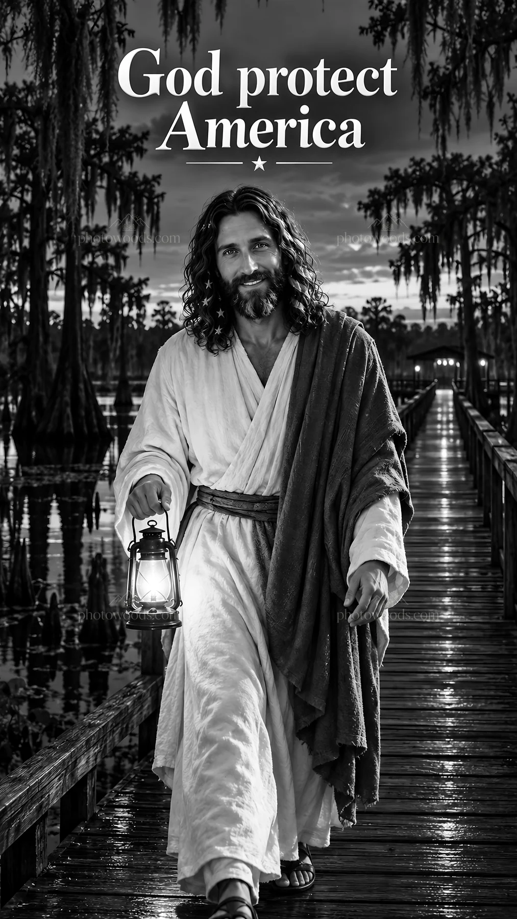 Jesus Christ carrying a lantern while walking by the water - AI-generated stock image