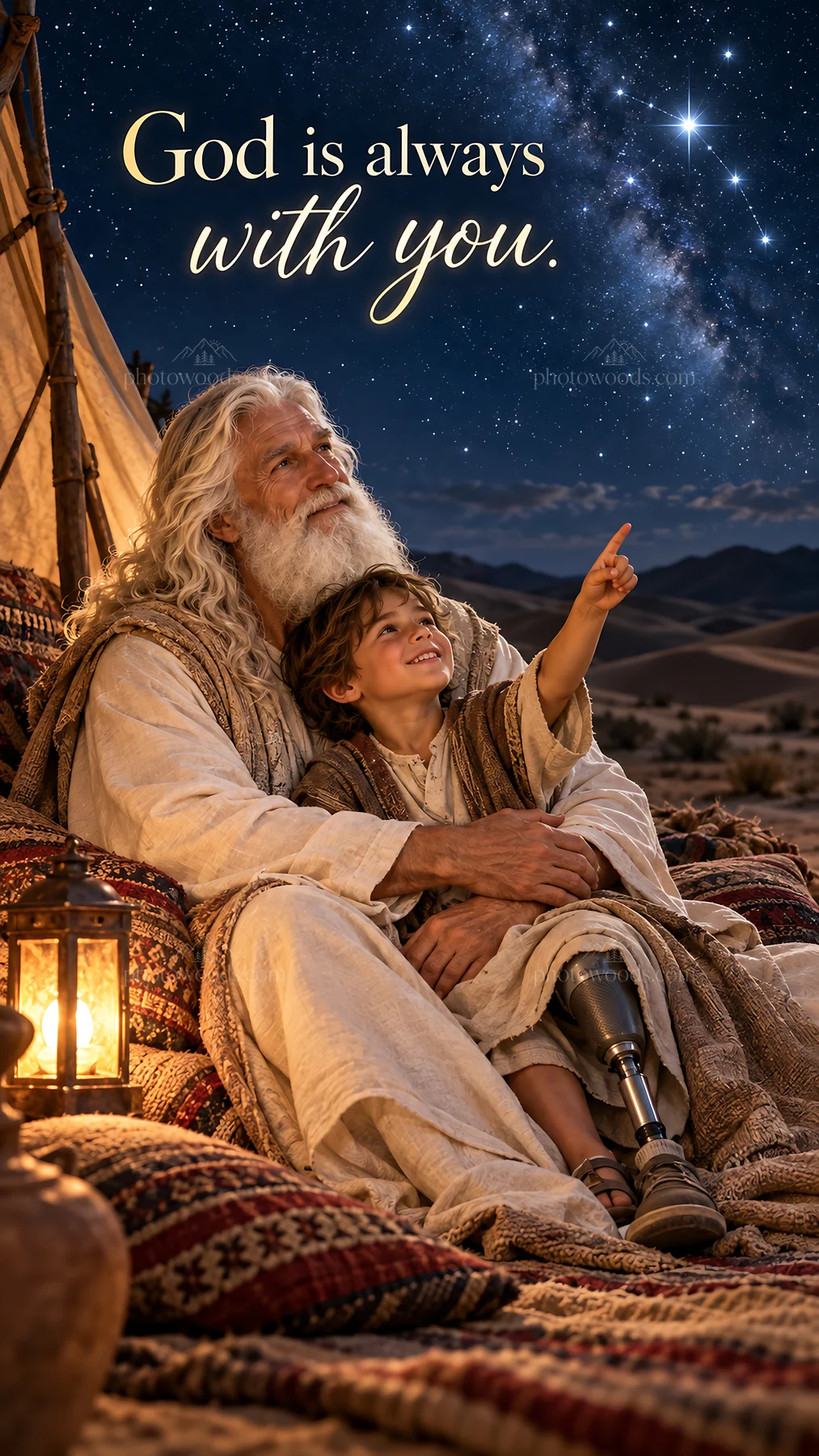 Jesus Christ comforts a child while stargazing at night - AI-generated stock image