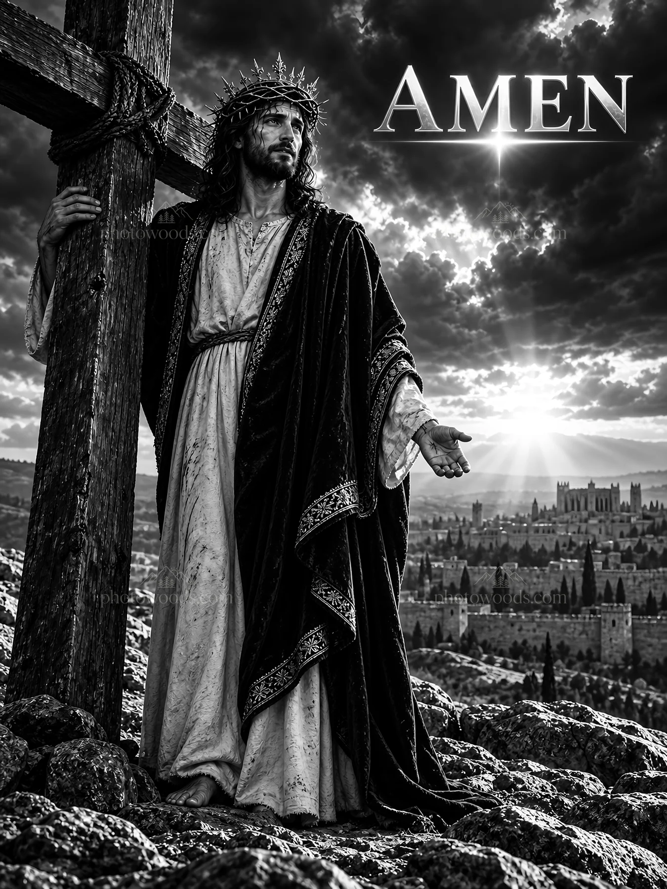 Jesus Christ standing beside a cross in a dramatic landscape - AI-generated stock image
