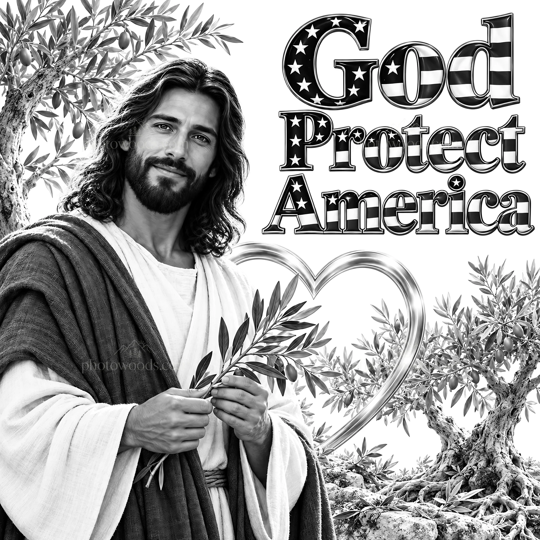 Jesus Christ holds olive branches in a patriotic setting - AI-generated stock image