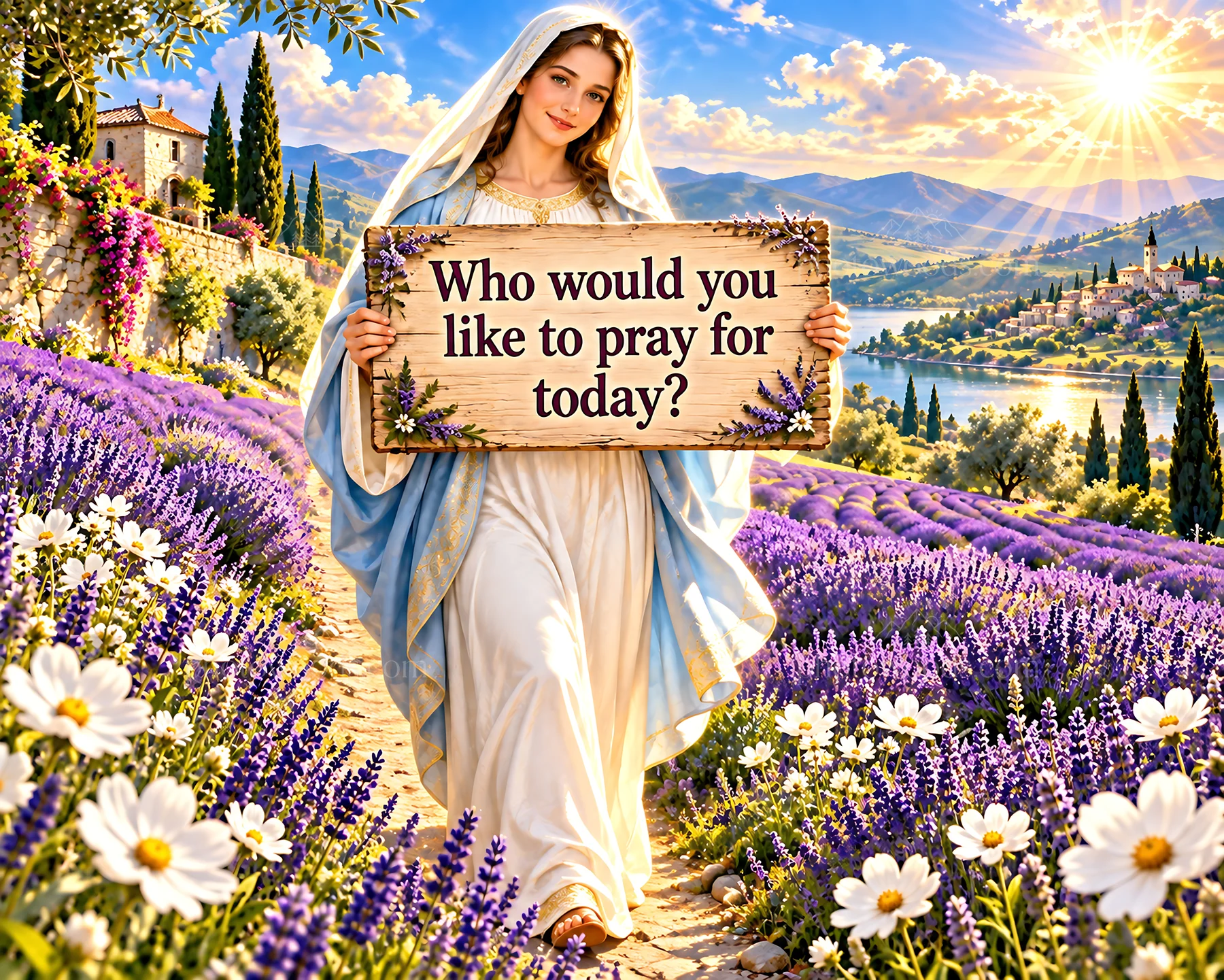 Jesus Christ inviting prayer on a peaceful path through flowers - AI-generated stock image