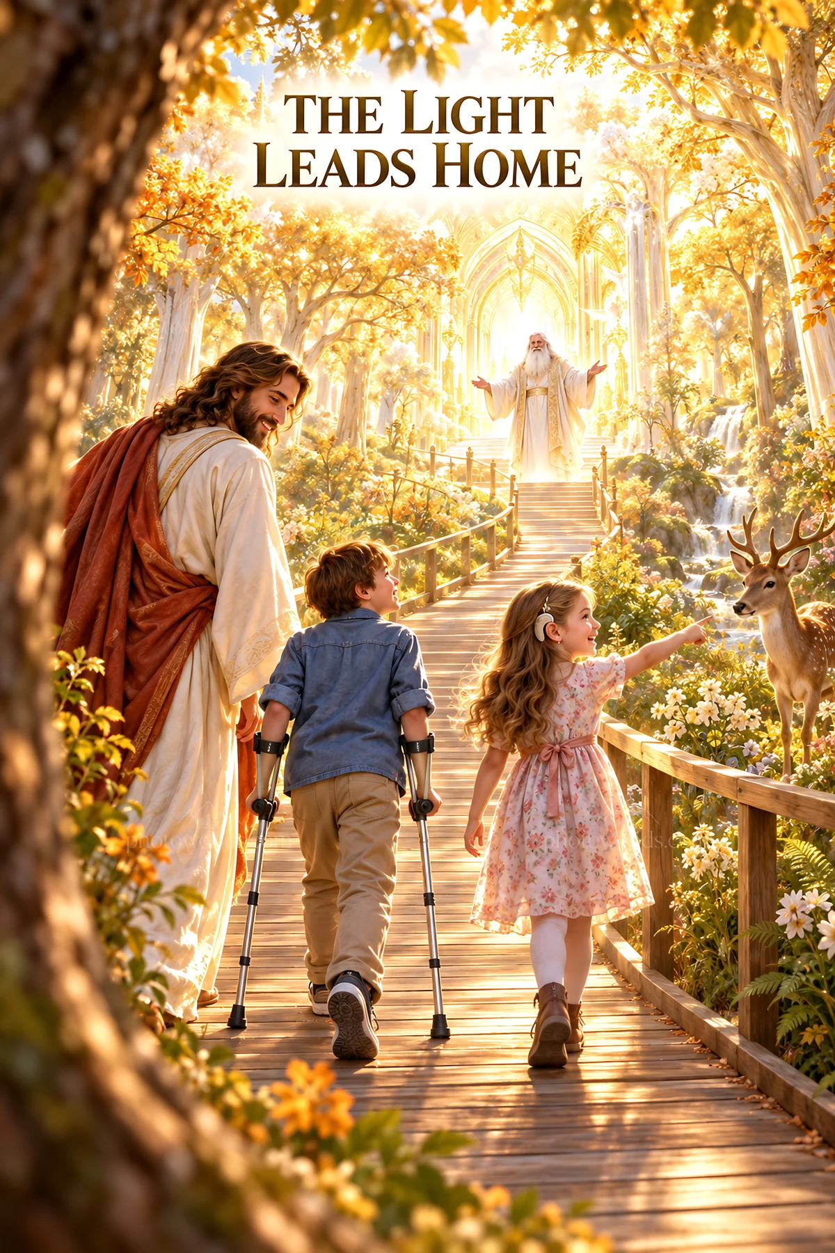 Jesus Christ guiding children on a path to home - AI-generated stock image