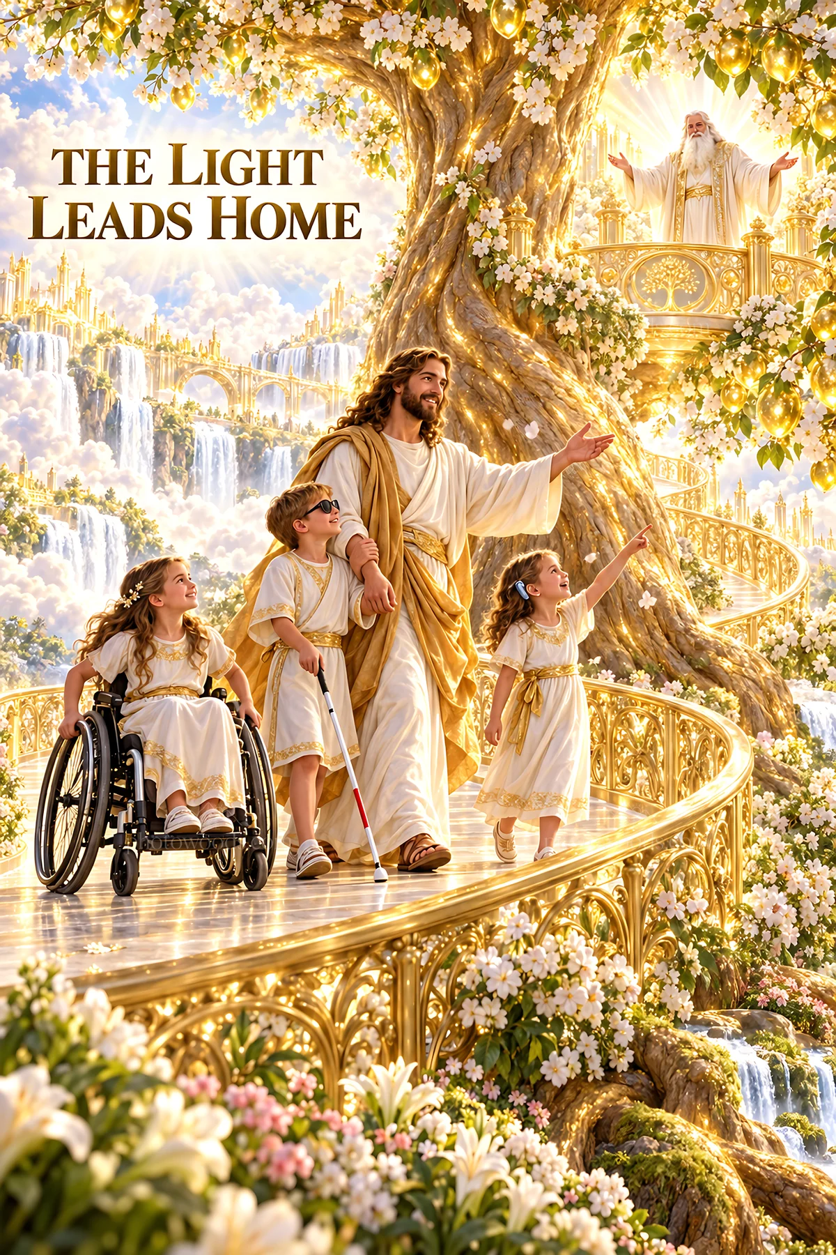 Jesus Christ guiding children on a golden path - AI-generated stock image