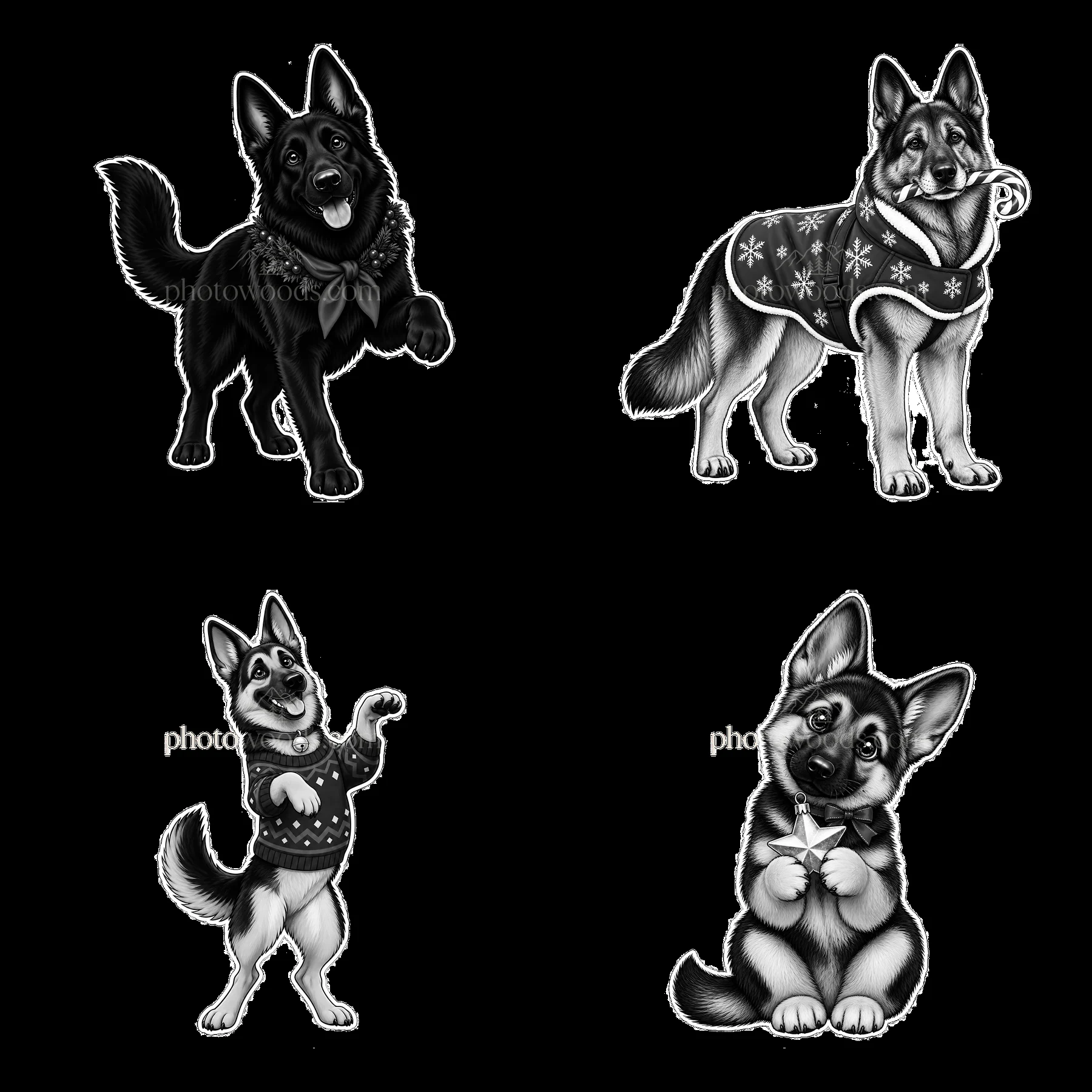 Four Christmas themed German Shepherd cartoon stickers - AI-generated stock image