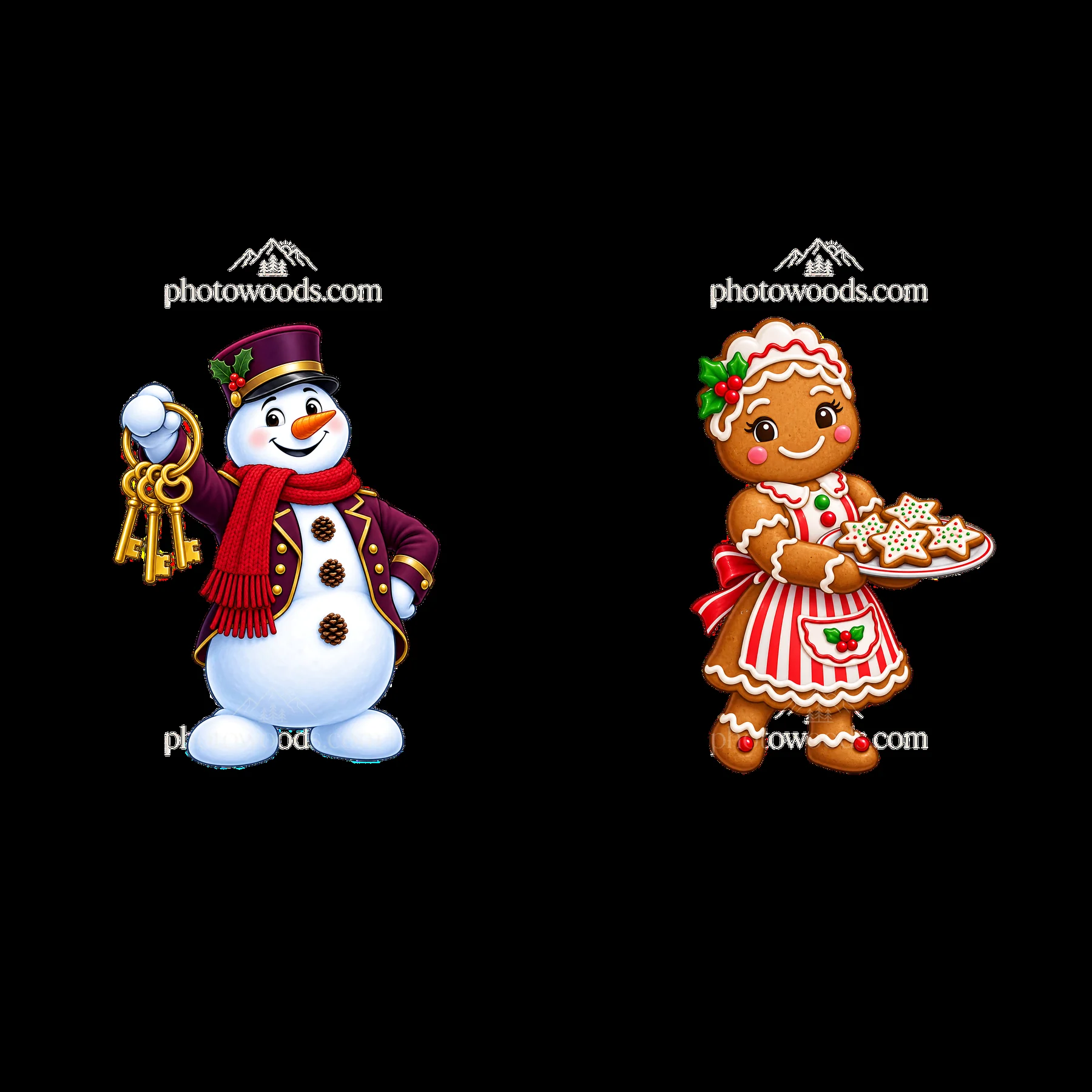 Snowman with keys and gingerbread girl holding cookies - AI-generated stock image