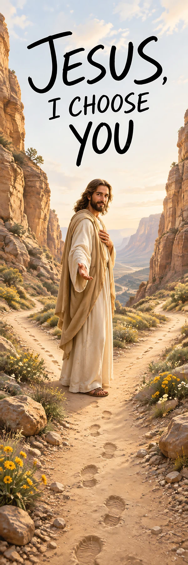 Jesus Christ walking in a desert path with a welcoming gesture - AI-generated stock image
