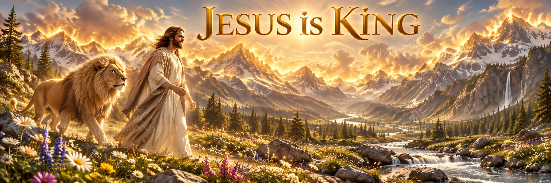 Jesus Christ walking with a lion in a scenic landscape - AI-generated stock image