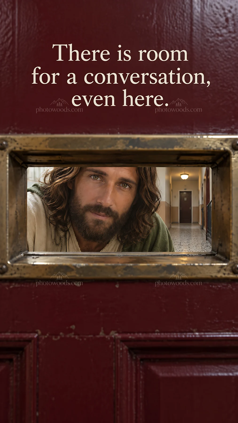 Jesus Christ at a door inviting a conversation - AI-generated stock image