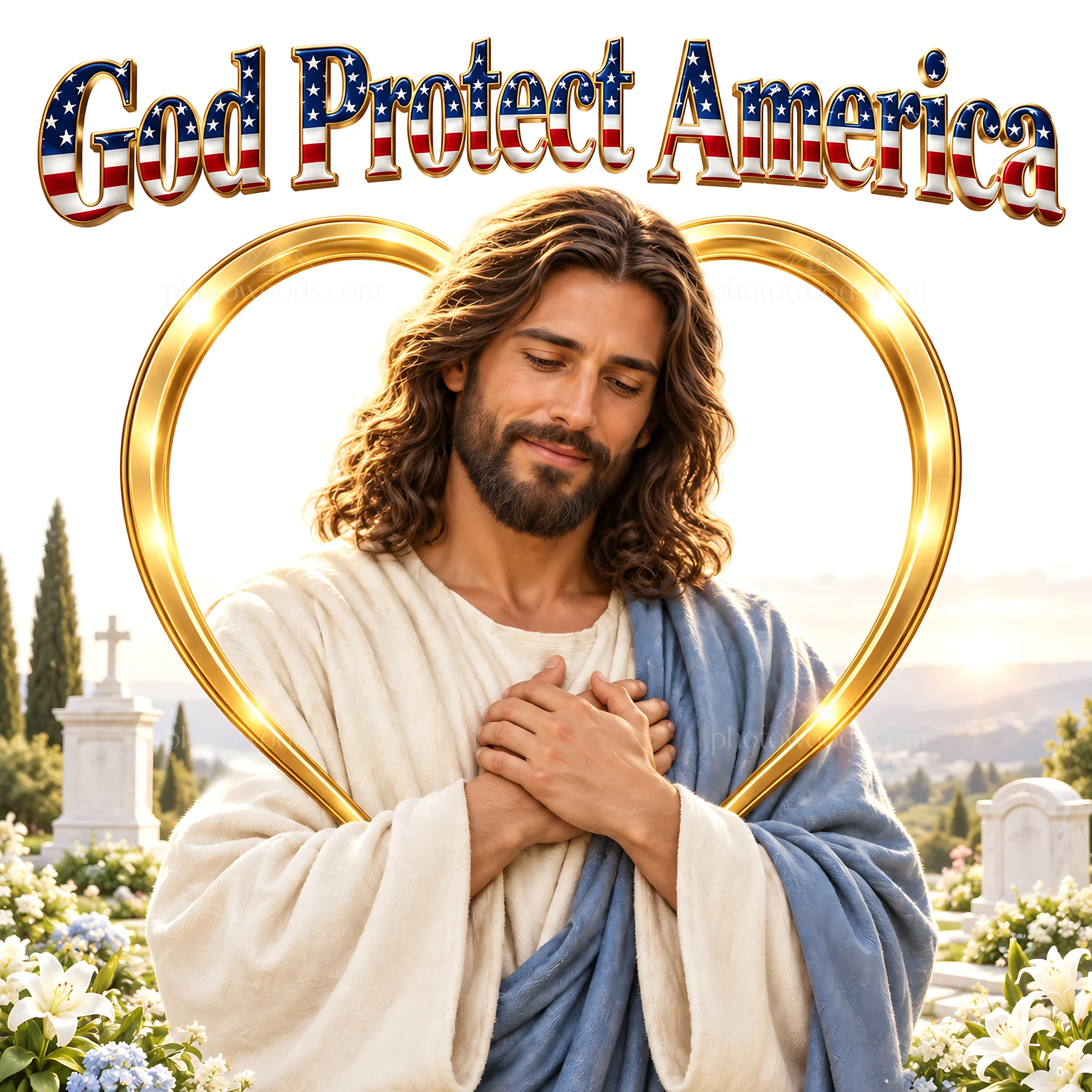 Jesus Christ surrounded by flowers and a heart shape - AI-generated stock image