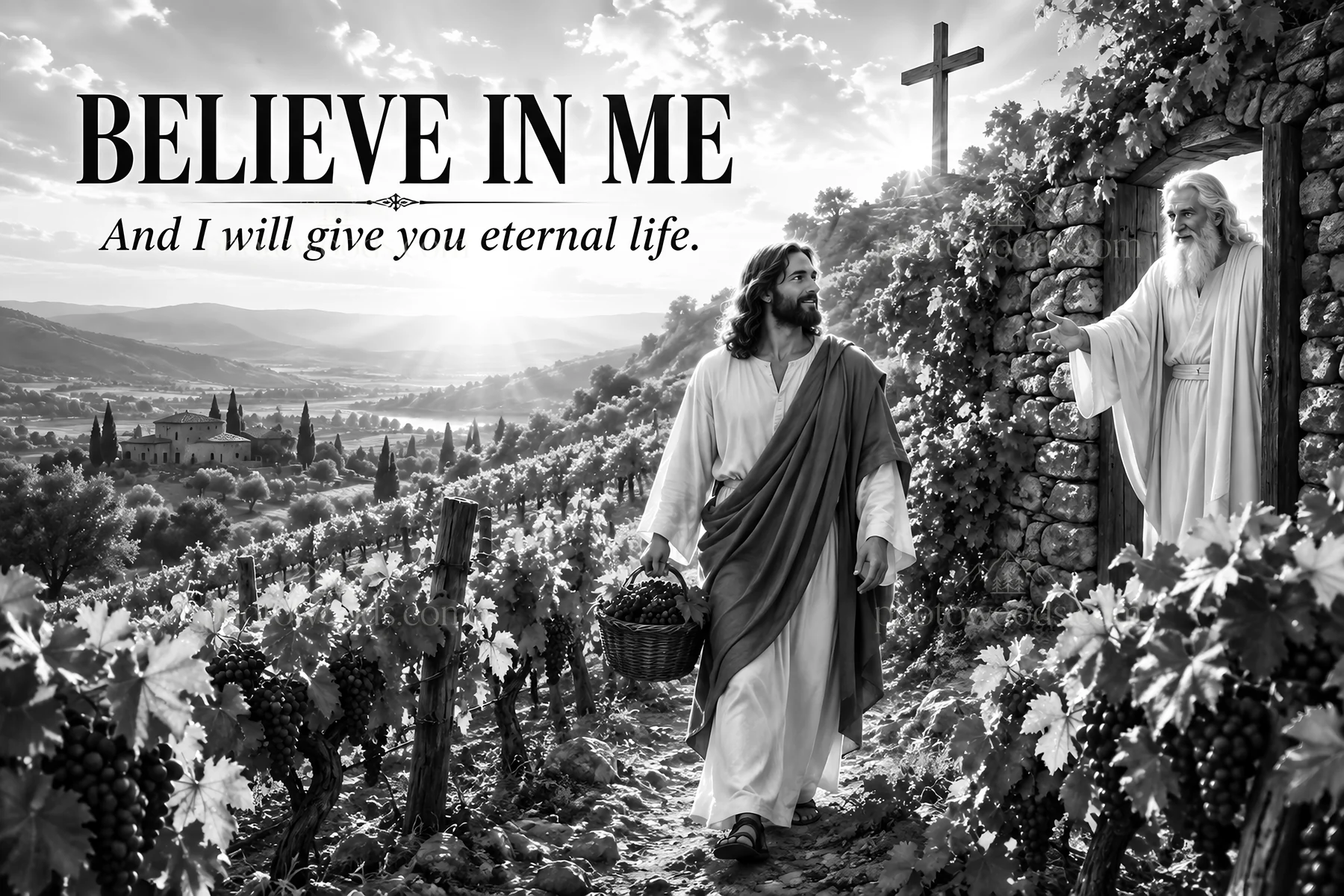 Jesus Christ walking in a vineyard with a basket of grapes - AI-generated stock image