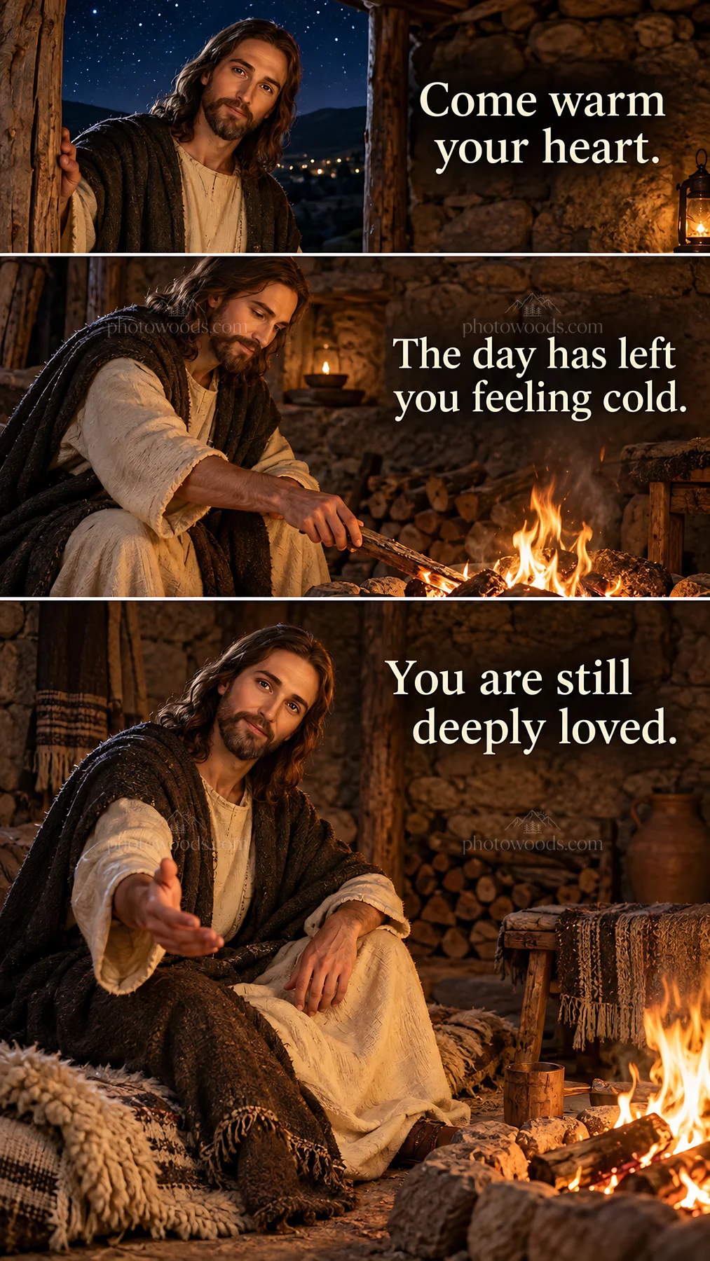 Jesus Christ inviting warmth and comfort by the fire - AI-generated stock image