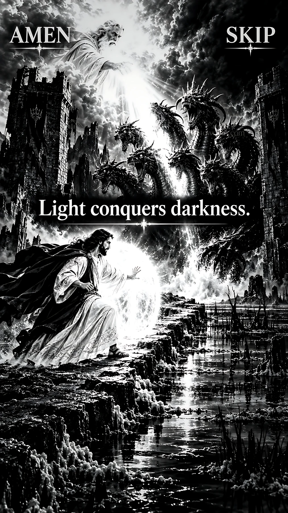 Jesus Christ brings light to darkness in a symbolic scene - AI-generated stock image