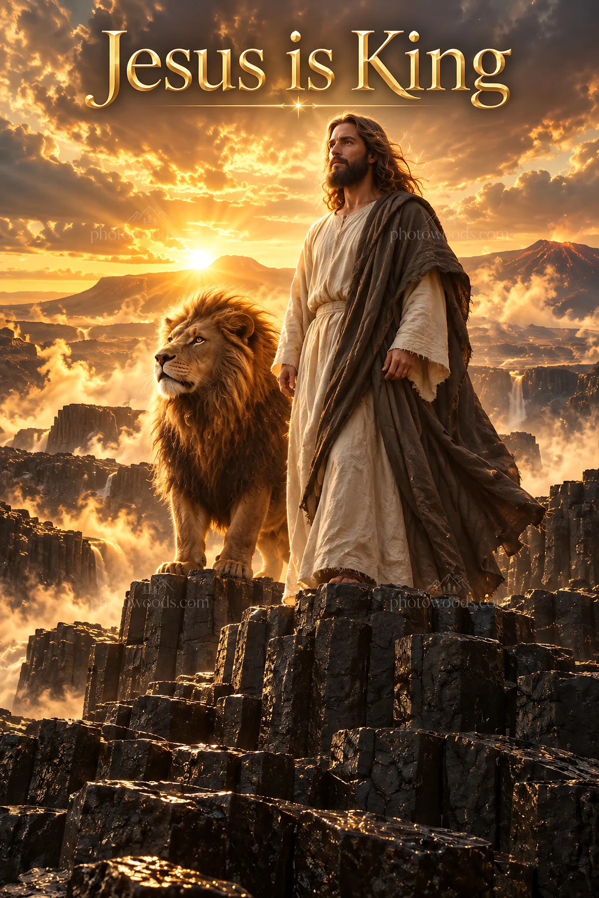 Jesus Christ standing with a lion in a majestic mountain setting - AI-generated stock image