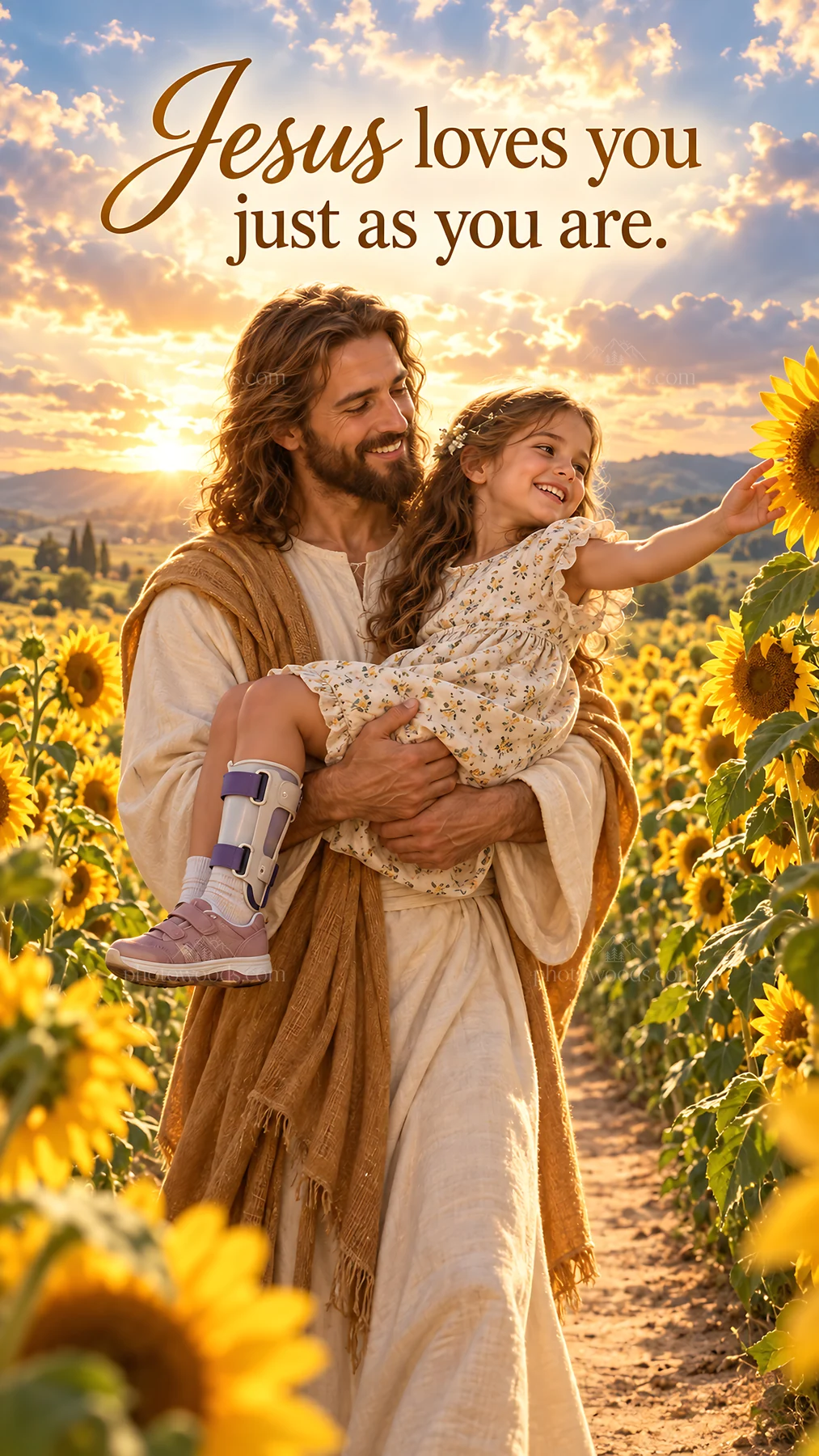 Jesus Christ with a girl in a sunflower field - AI-generated stock image