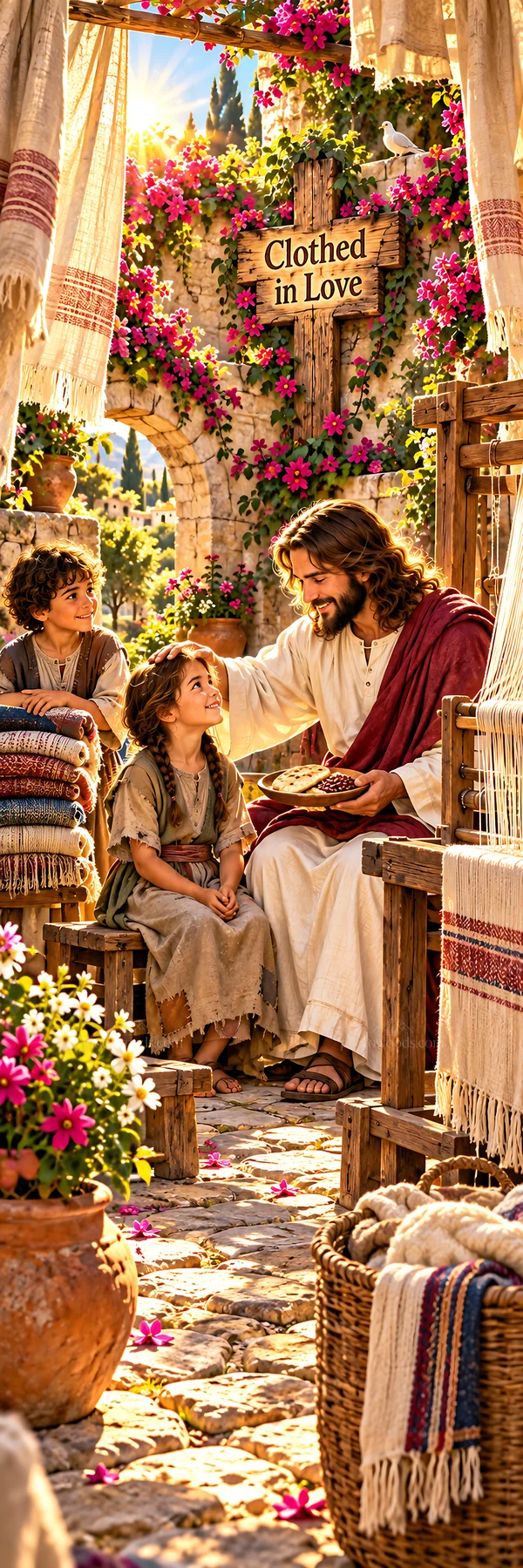 Jesus Christ comforting a child in a vibrant marketplace - AI-generated stock image