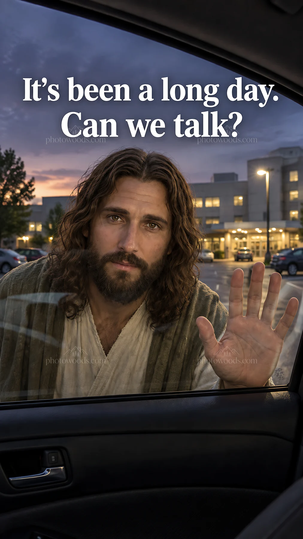 Jesus Christ reaching out to comfort a waiting person - AI-generated stock image