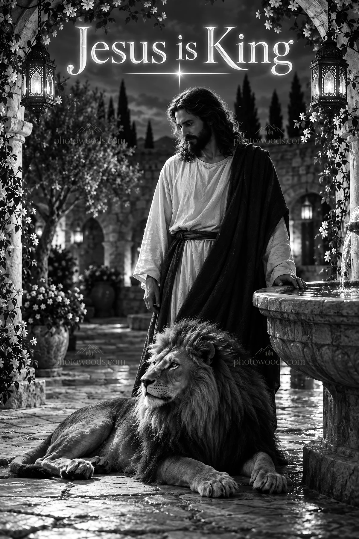 Jesus Christ with a lion in a garden setting - AI-generated stock image