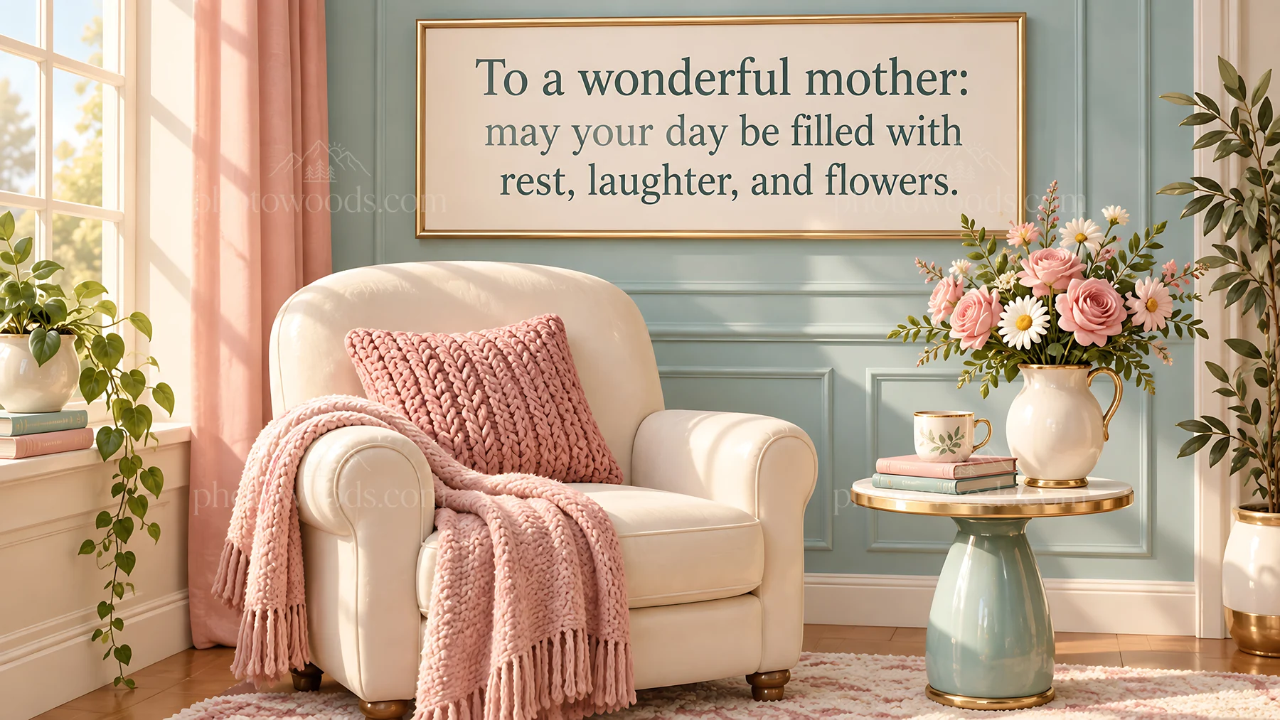 Mother's Day Greeting in a Cozy Living Room - AI-generated stock image