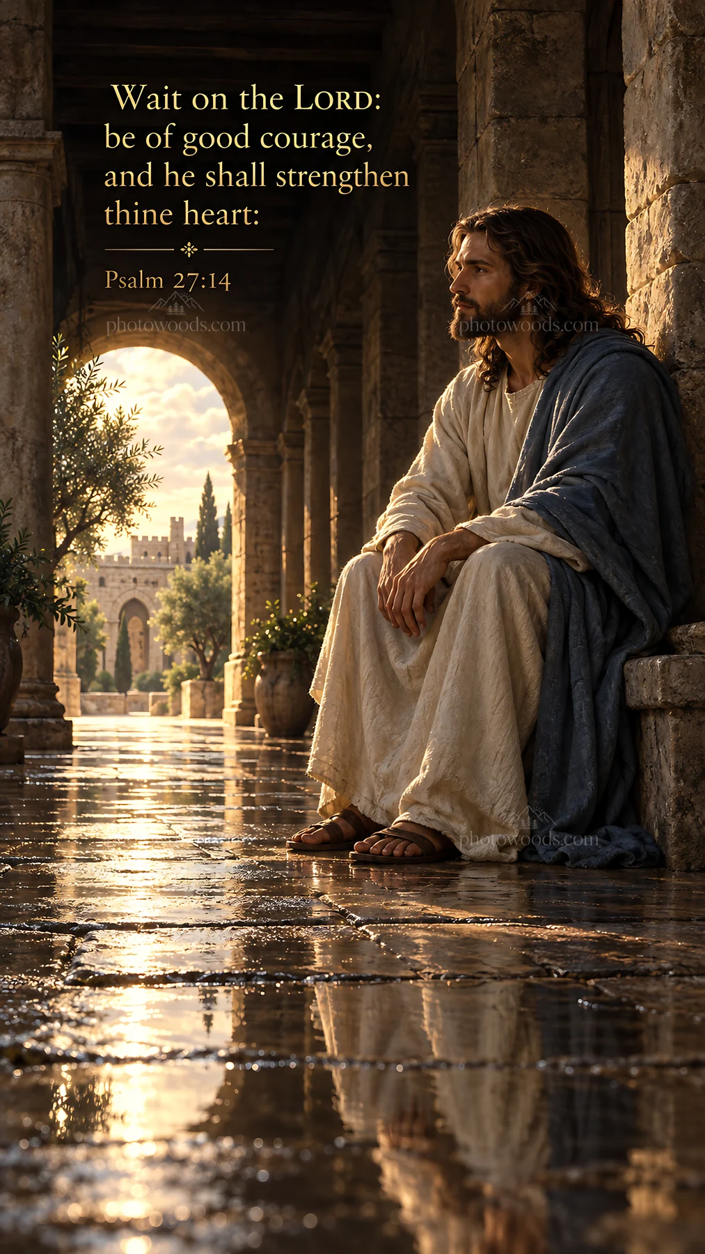 Jesus Christ sitting quietly in a garden courtyard - AI-generated stock image