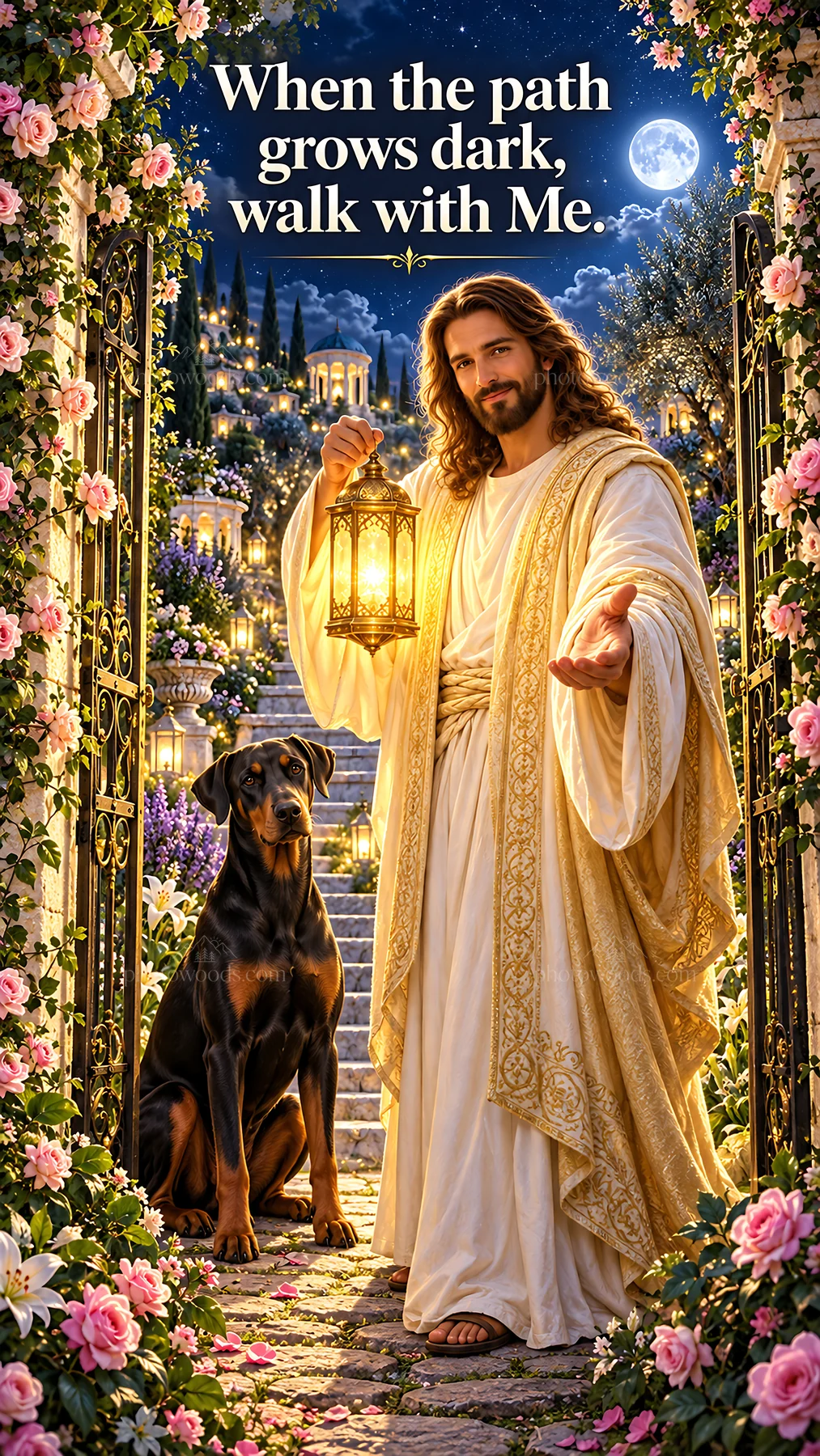 Jesus Christ inviting the viewer to walk in dark times - AI-generated stock image