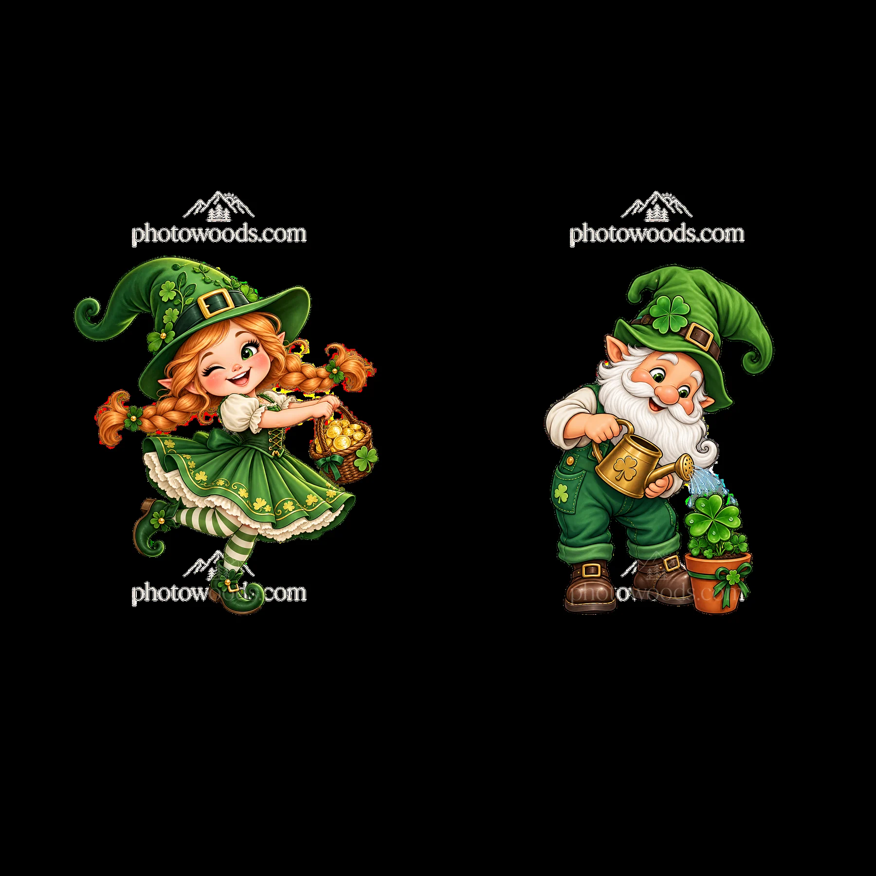 St. Patrick's Day gnome and girl with shamrocks and gold - AI-generated stock image