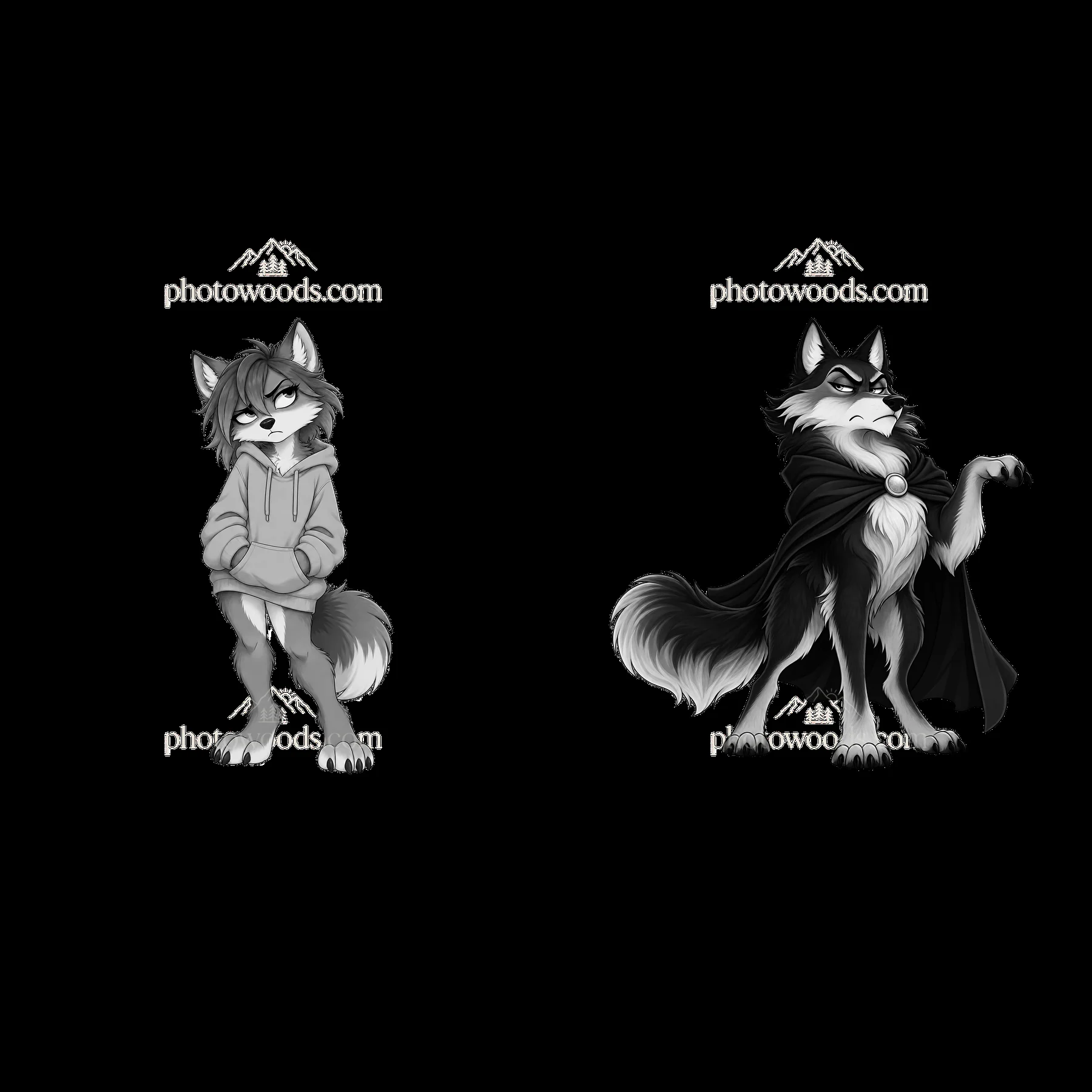 Grumpy wolf character stickers with hoodie and cloak - AI-generated stock image
