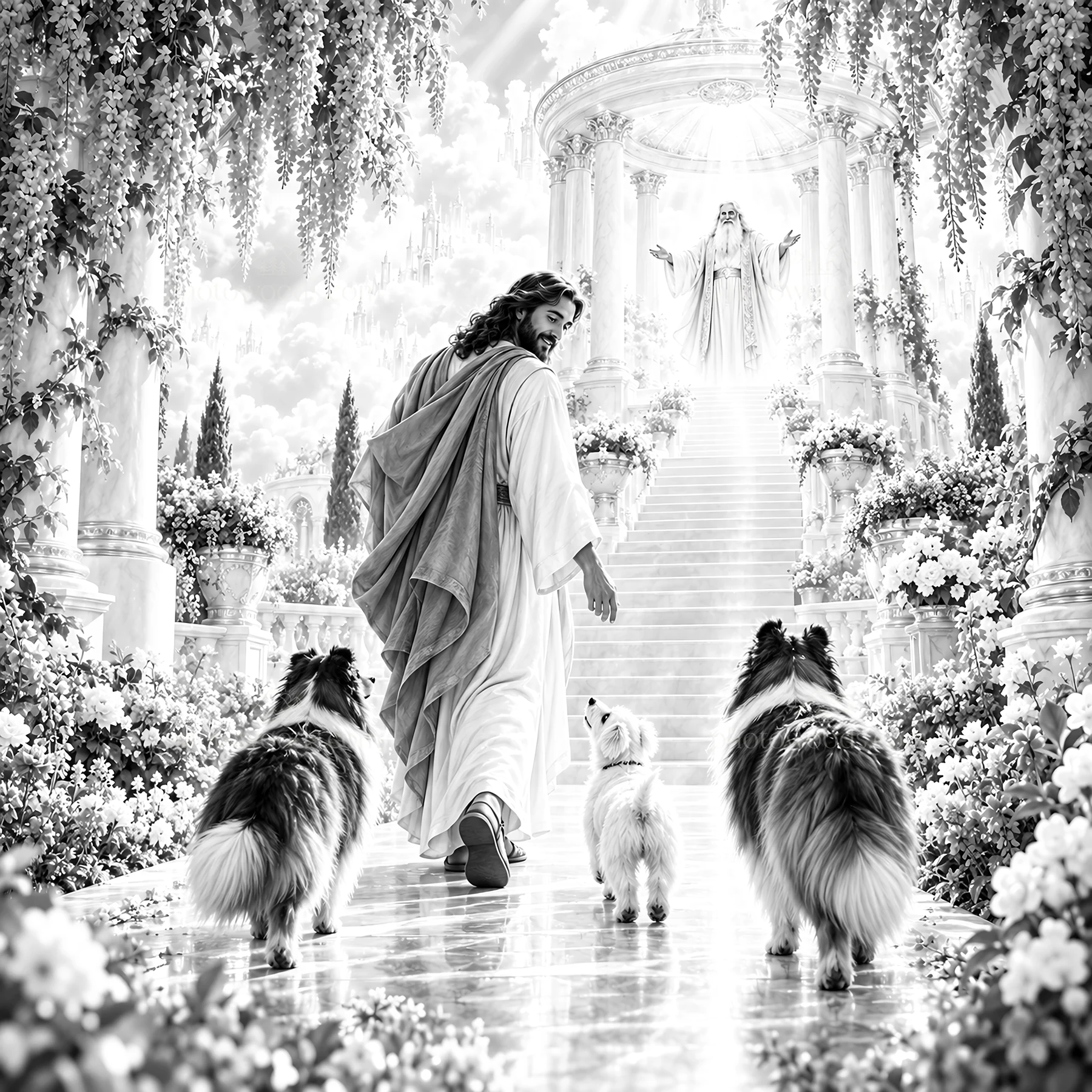 Jesus Christ walking with dogs in a beautiful setting - AI-generated stock image