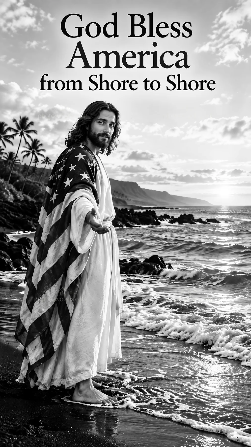 Jesus Christ welcoming on a beach with an American flag - AI-generated stock image