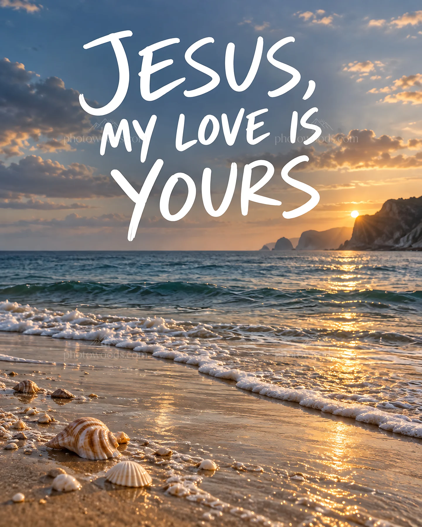Jesus Christ expressing love by the sea at sunset - AI-generated stock image