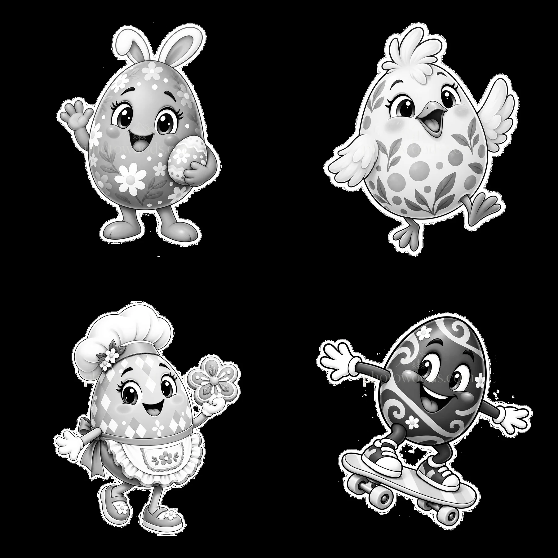 Colorful Easter eggs with characters holding props in black and white - AI-generated stock image