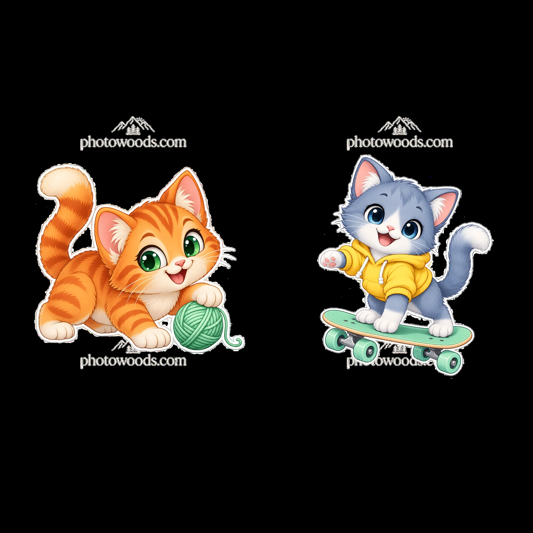 Kawaii cats playing with yarn and skateboarding together - AI-generated stock image