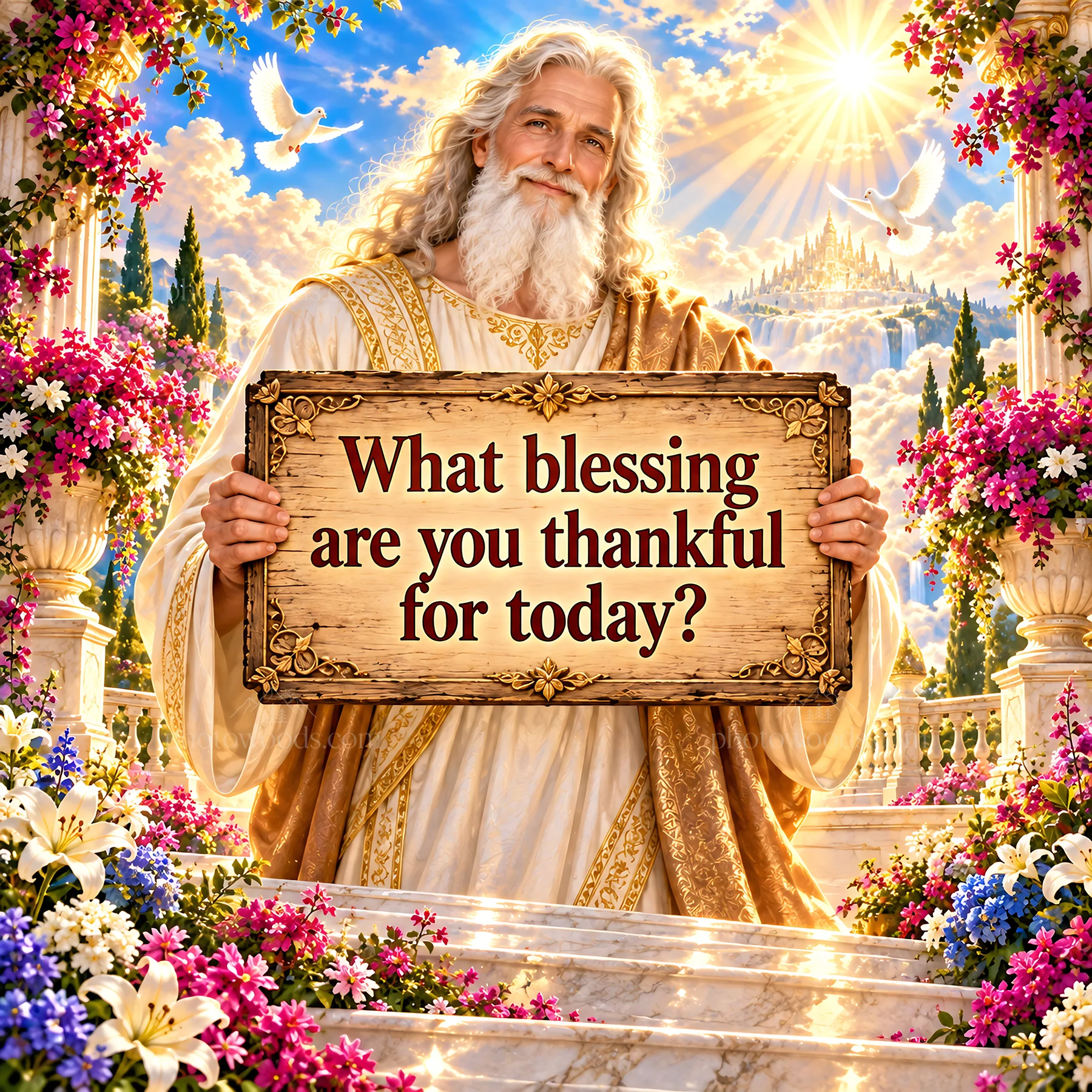 Jesus Christ holding a sign asking about blessings - AI-generated stock image