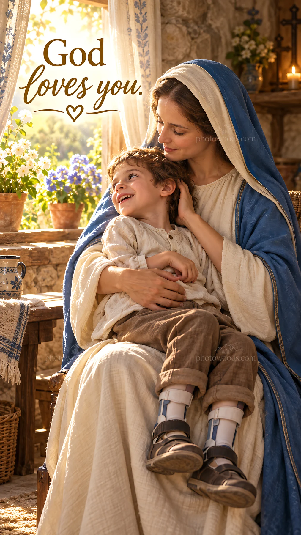 Jesus Christ shares love and comfort with a child - AI-generated stock image